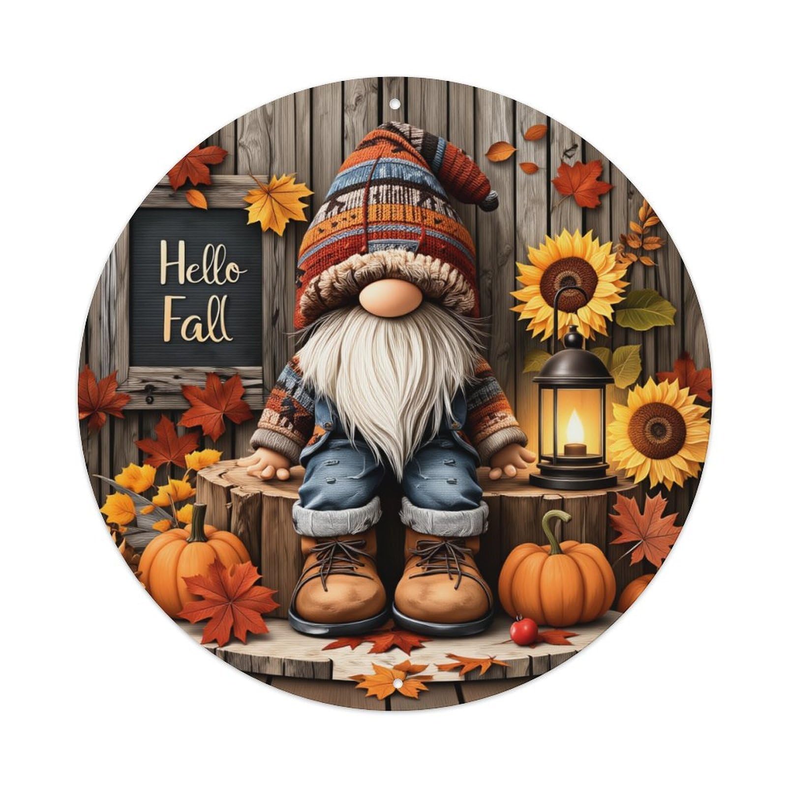 Autumn Leaves Pumpkin Gnome Sunflower Round Tin Sign Vintage Metal Poster, Home Bar Garage Man Cave Cafe Indoor & Outdoor Wall Decoration 8x8Inches