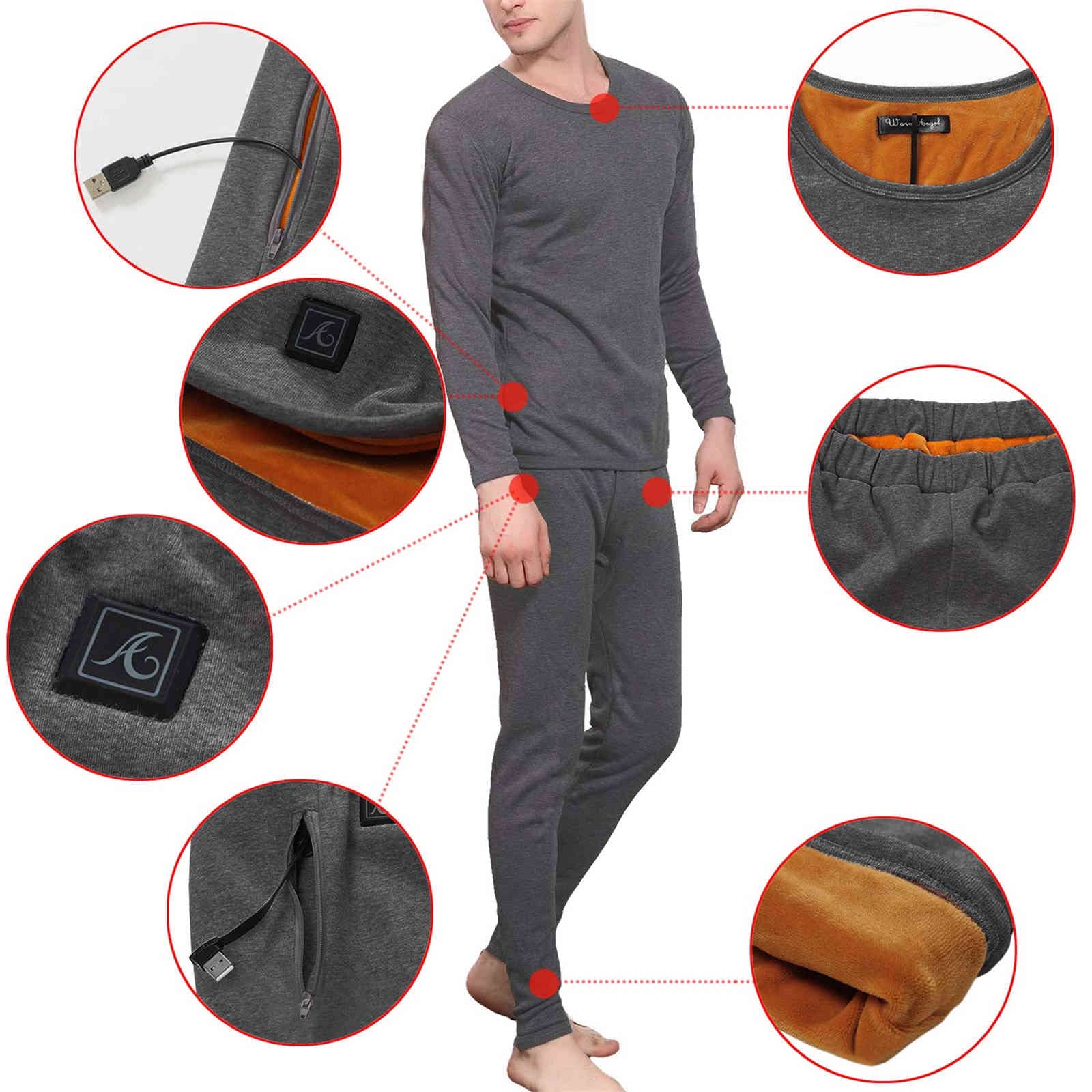 Conjunto de Ropa Interior calefactable para Hombre Leggings USB + Parte Superior térmica Leggings con Forro Polar Ropa calefactora Lavable para Exteriores (Gris M) (Gris M)