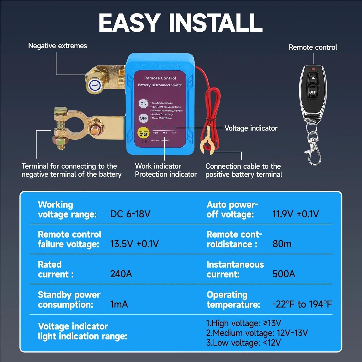 for Car Truck RV 1 Set Car Kill Switch AntiTheft Remote Battery Disconnect Switch 12v 240A with Smart Voltage for Car Truck RV