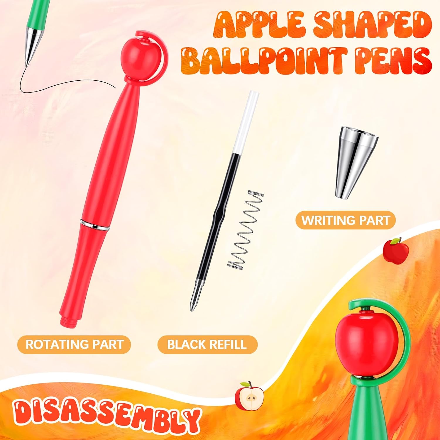 Supervitae 100 Pcs Apple Ballpoint Pens Bulk, Retractable Black Ink Fidget Pens with 360° Rotating Apple, Back to School Teacher Gifts, End of Year Graduation Party Favors for School Staff, 5 Colors