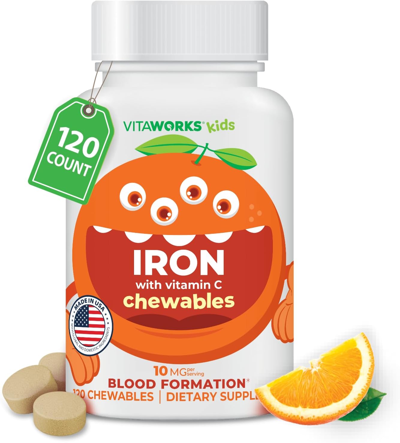 Kids Iron 10mg with Vitamin C 50mg Chewable Tablets – Tasty Natural Flavored – Vegan, Vegetarian, GMO-Free, Nut Free – Dietary Iron Supplement – Blood Formation for Children – 120 Chewables