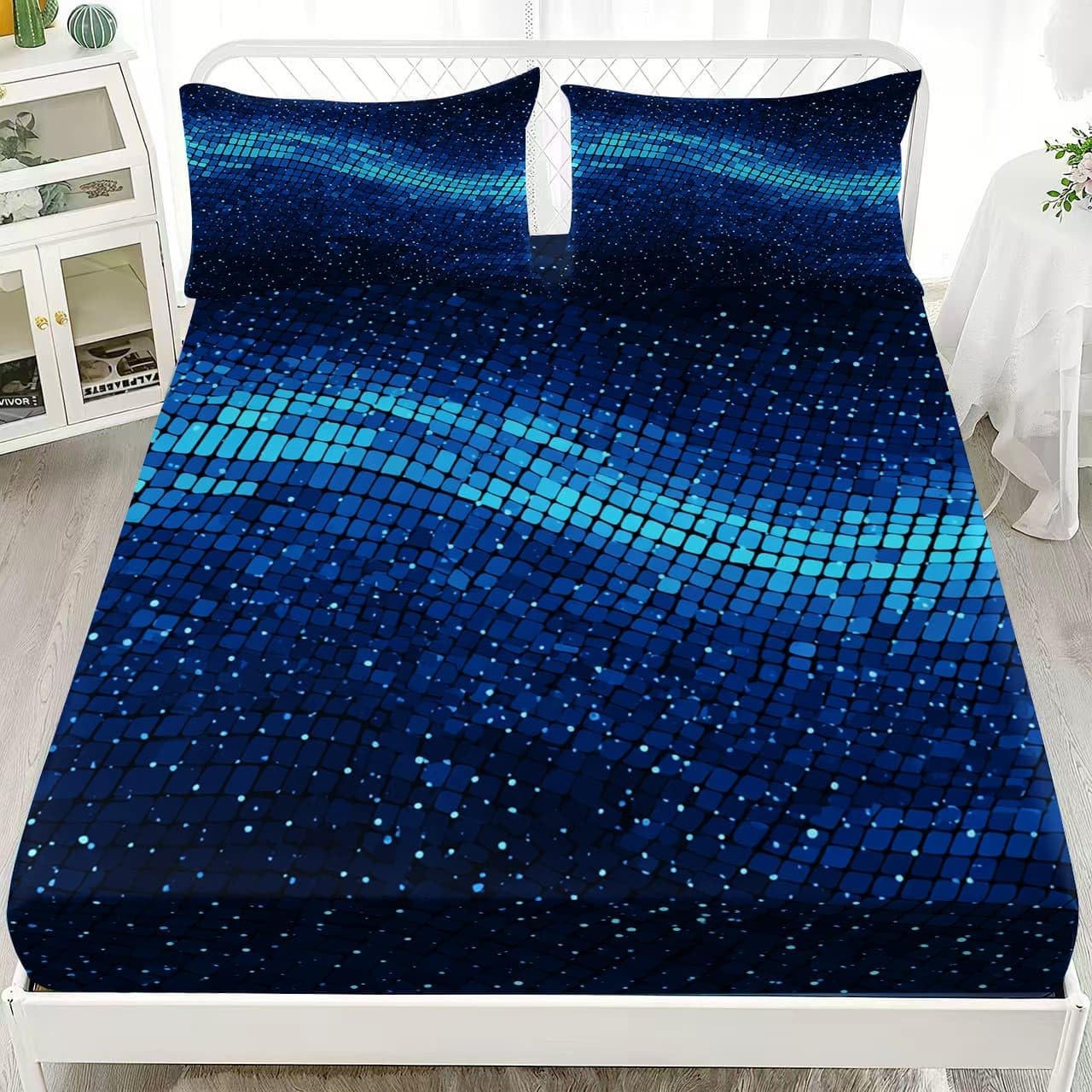 Lot de 3 Draps Housses 200x200x30 cm 2 Personnes Lit GéOméTrie du Ciel éToilé De Science-Fiction avec 2 Taies d'oreillers, Doux et Respirant Linge de Lit Draps Housses Bleu Foncé pour Enfant Adulte