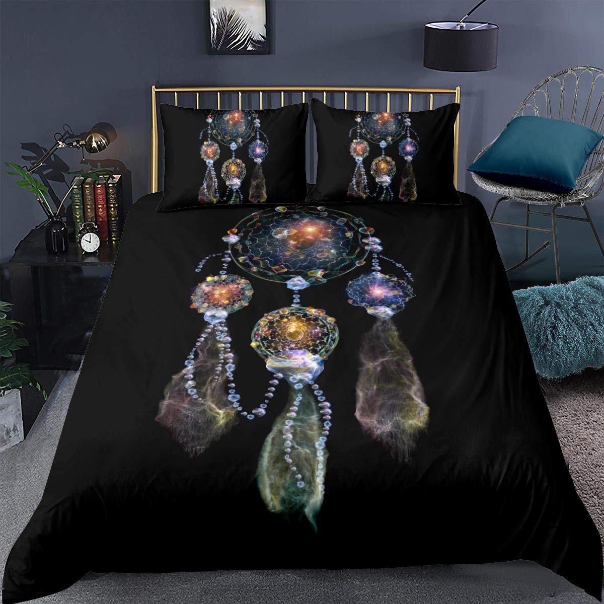 Housse de couette King Size noir ensemble de literie motif lumineux ethnique