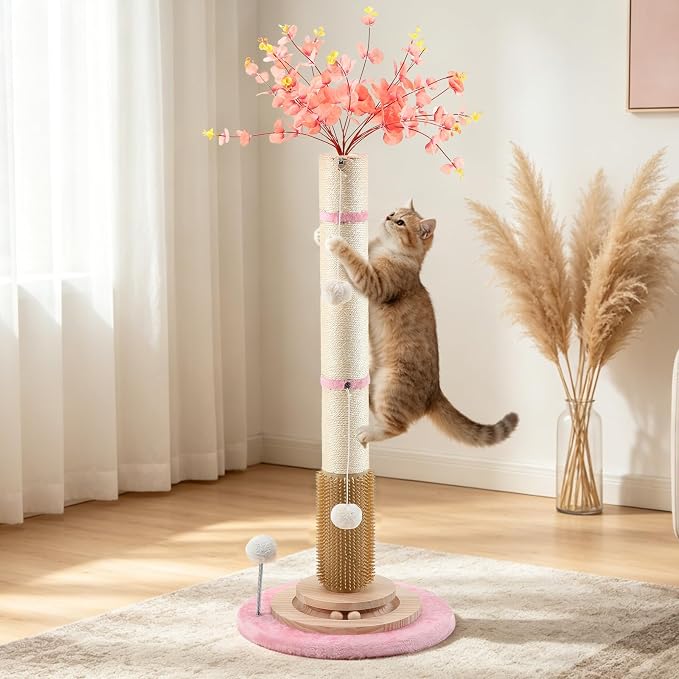 Rascador para Gatos de 45 pulgadas de altura, resistente para gatos grandes, base de madera real, cuerda de sisal natural, diseño decorativo con planta artificial miniatura 7