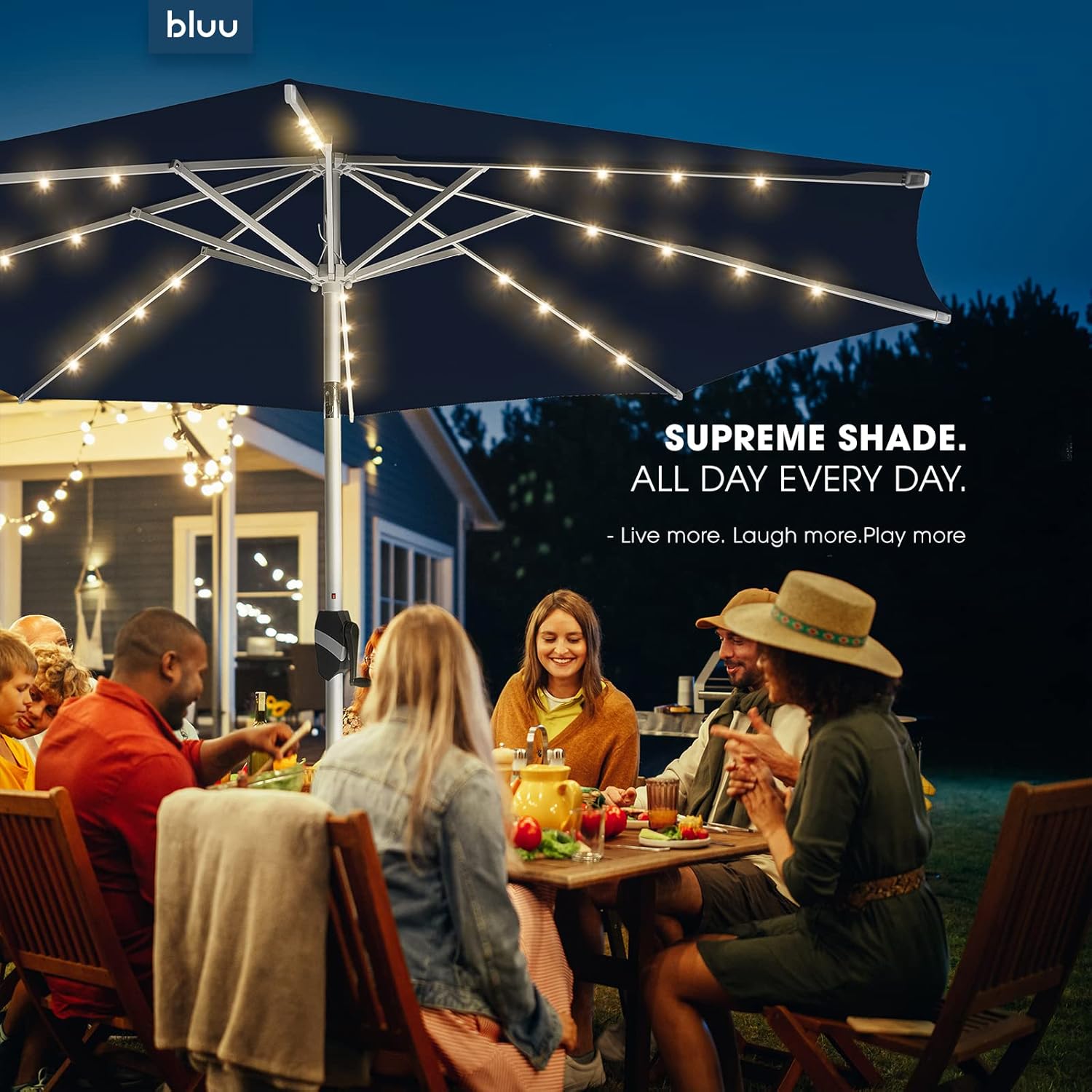 BLUU 10 Ft Patio Umbrella with Solar LED Lights, 5-Year Fade-Resistant Aluminum Outdoor Table Umbrella with Tilt Adjustment and Crank for Pool, Deck, Garden and Lawn, Navy Blue - Image 7
