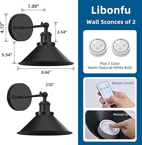 Miniatura 5 de Juego de 2 apliques de pared que funcionan con pilas, juego de 2 apliques vintage con control remoto, luces de pared regulables para sala de estar,