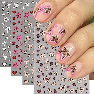 Fall Nail Stickers for Nail Art - 4 Sheets Leopard Star Nail Decals Self Adhesive Leopard Print Heart Design 3D Cheetah Nail Autumn Art Stickers Supplies Nail Decorations for Women