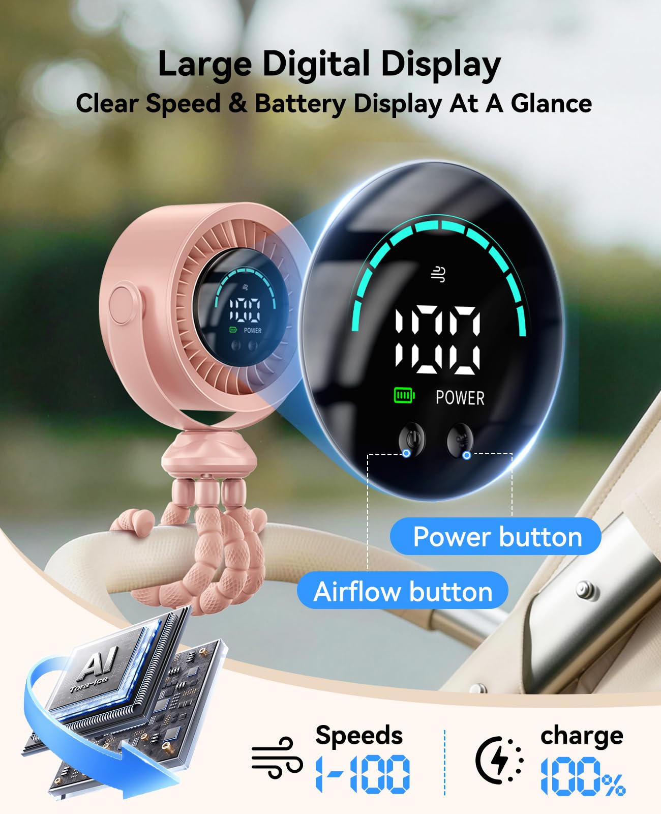 KIMMOO Ventilateur de poussette portable 3 en 1 rechargeable pour poussette avec 100 vitesses, flux d'air turbo, ventilateur réglable à 360 °, silencieux et sûr à clipser pour berceau, siège de