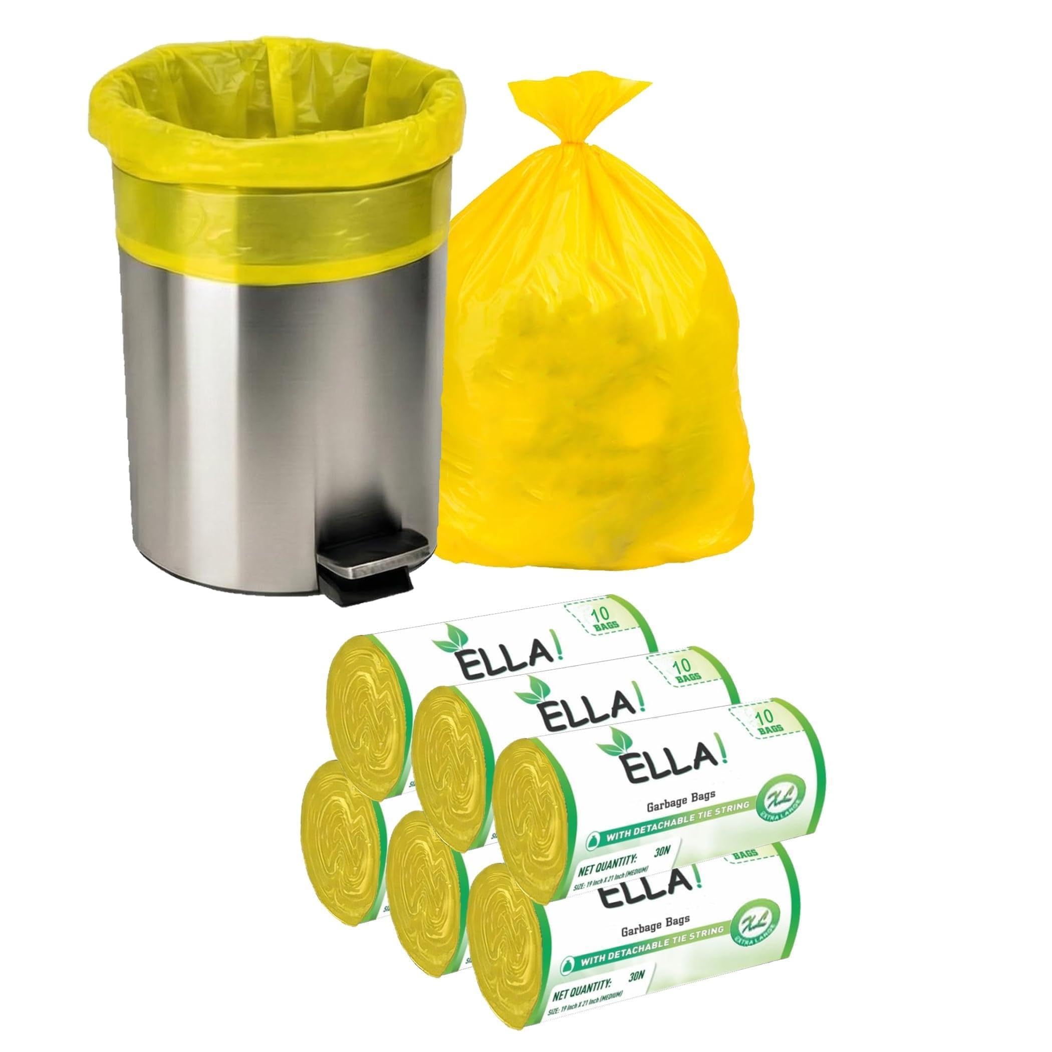 ELLA Garbage Bags 24 x 32 Inches Large Size 90 Bags 6 Rolls Yellow Color Leak Proof Dustbin Covers for Home Kitchen Bathroom Office and Daily Waste Disposal Use With Check Duster Cloth Free