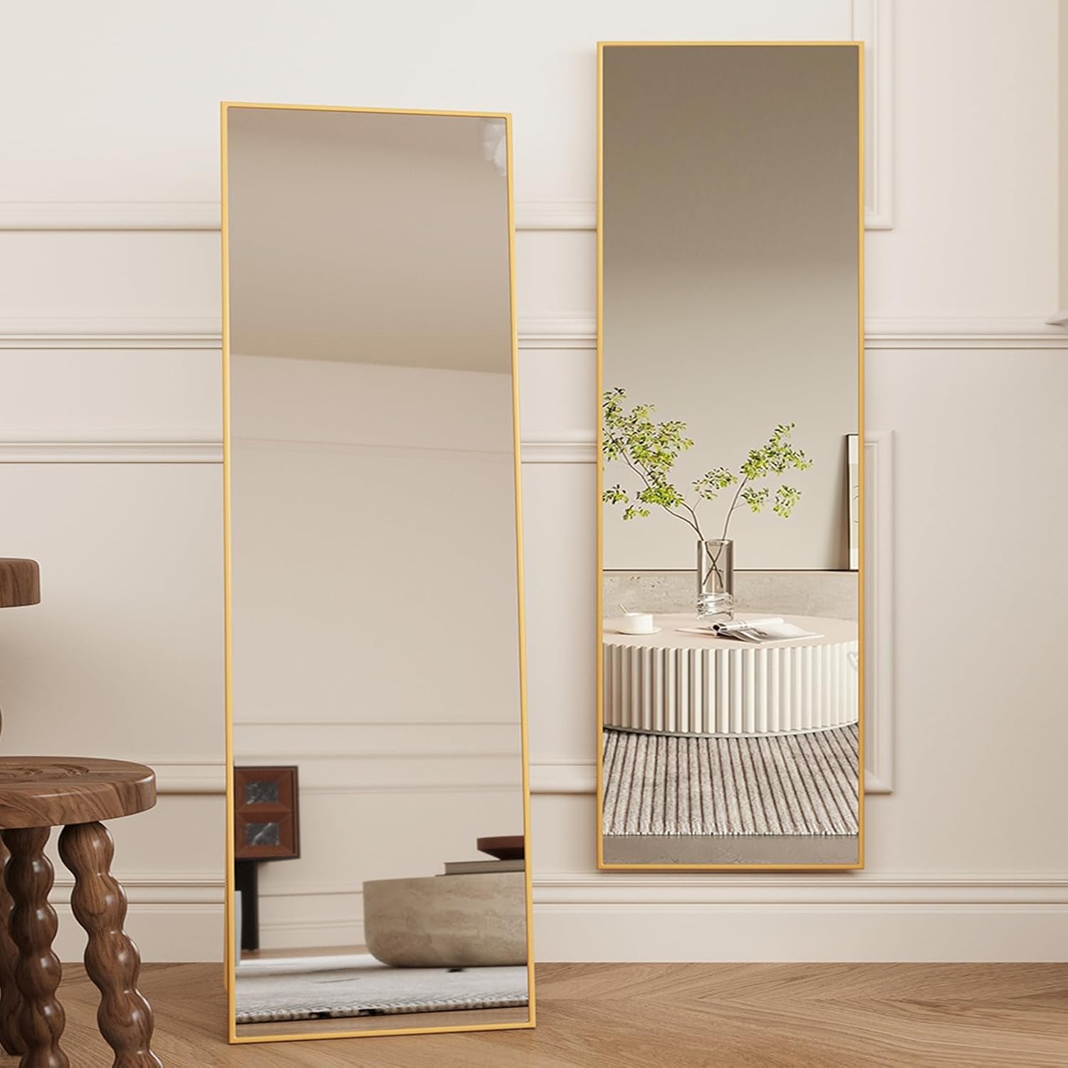 Beauty4U 59" x 16" Slimmed Frame Full Length Mirror with Stand, Gold Wall Mounting Full Body Mirror, Metal Frame Full-Length Mirror for Living Room, Bedroom Gold-slimmed Frame 59" x 16"