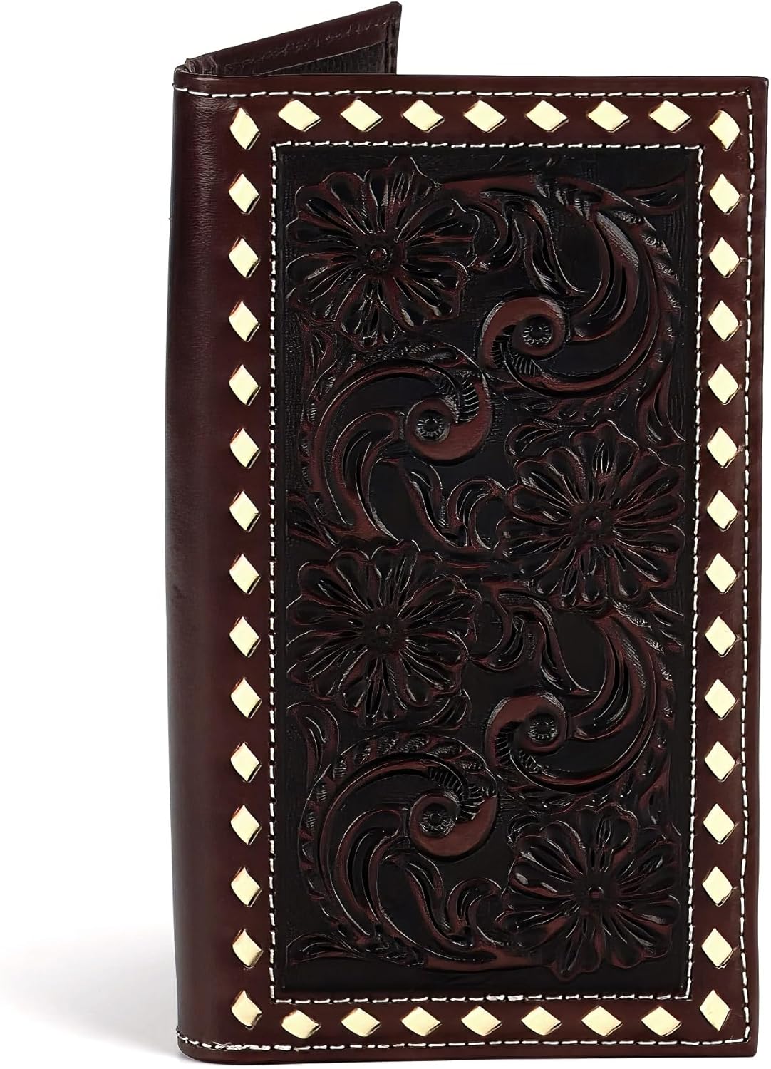 ARIAT Men's Rodeo Style Wallet - Genuine Leather with Floral Embossed Design and Cream Bucklace Stitching, Brown
