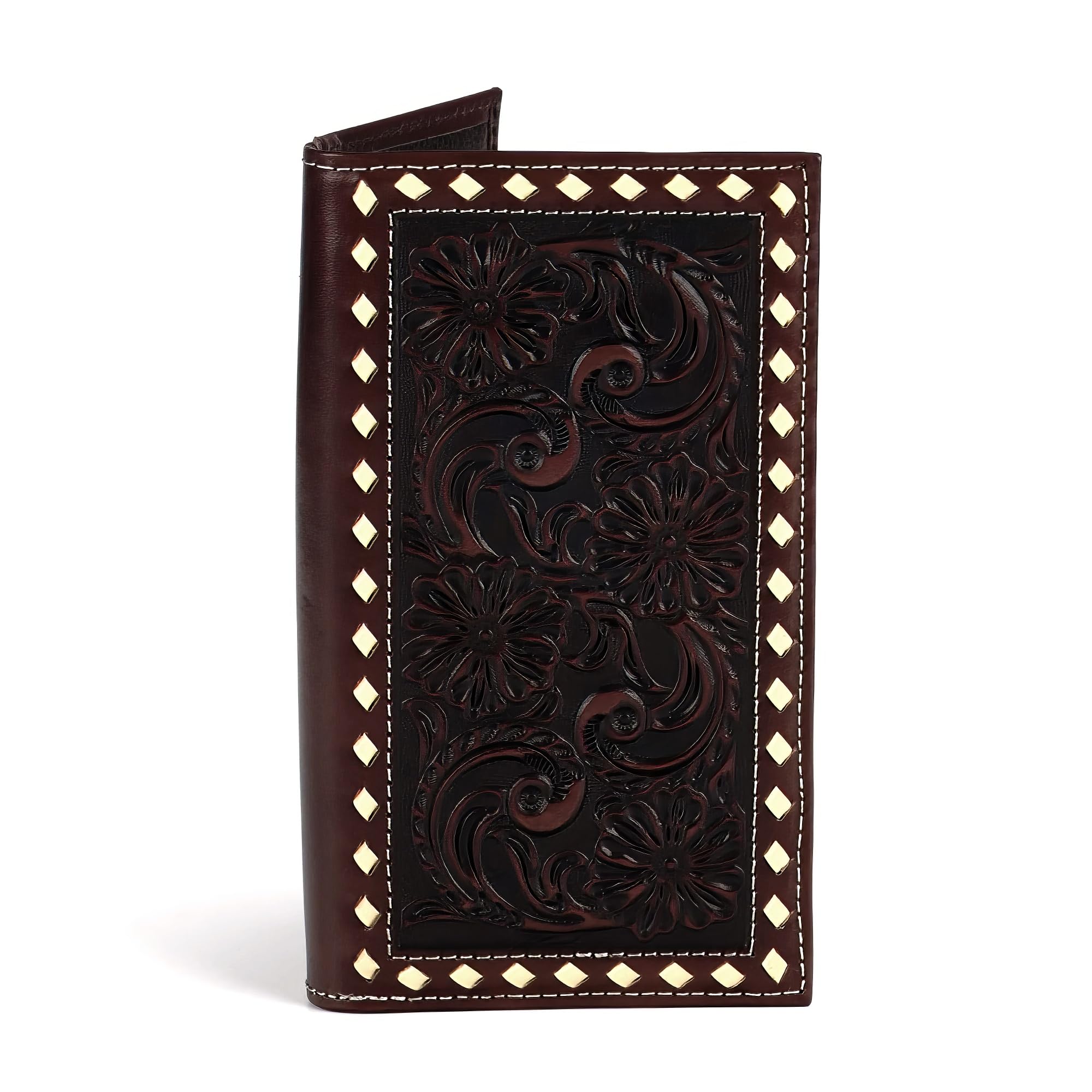ARIAT Men's Rodeo Style Wallet - Genuine Leather with Floral Embossed Design and Cream Bucklace Stitching, Brown
