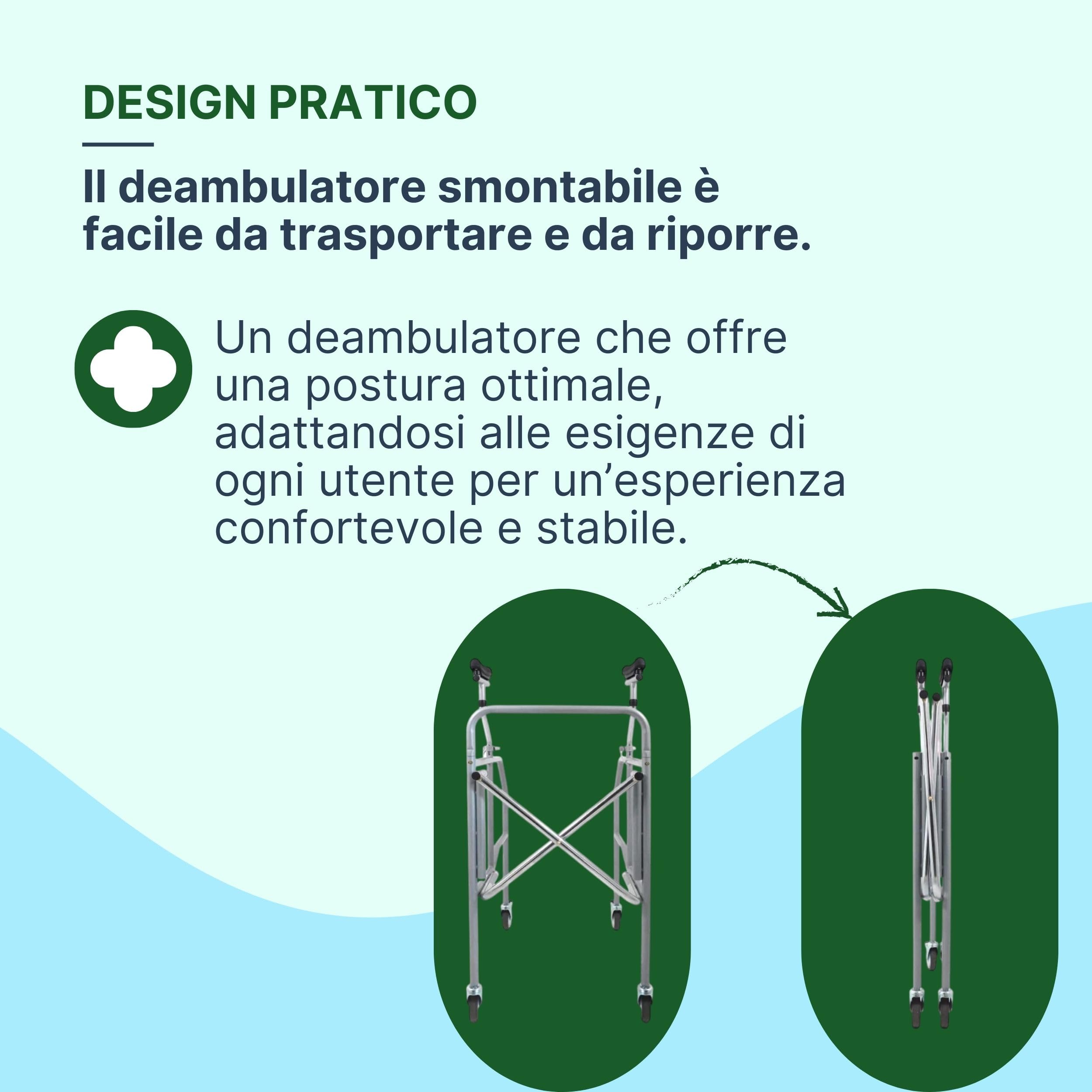 Deambulatore per Anziani Smontabile con Sottoascellari Regolabili - Girello per Anziani e Disabili da Interno o Esterno - Deambulatore per Anziani 4 Ruote in Acciaio