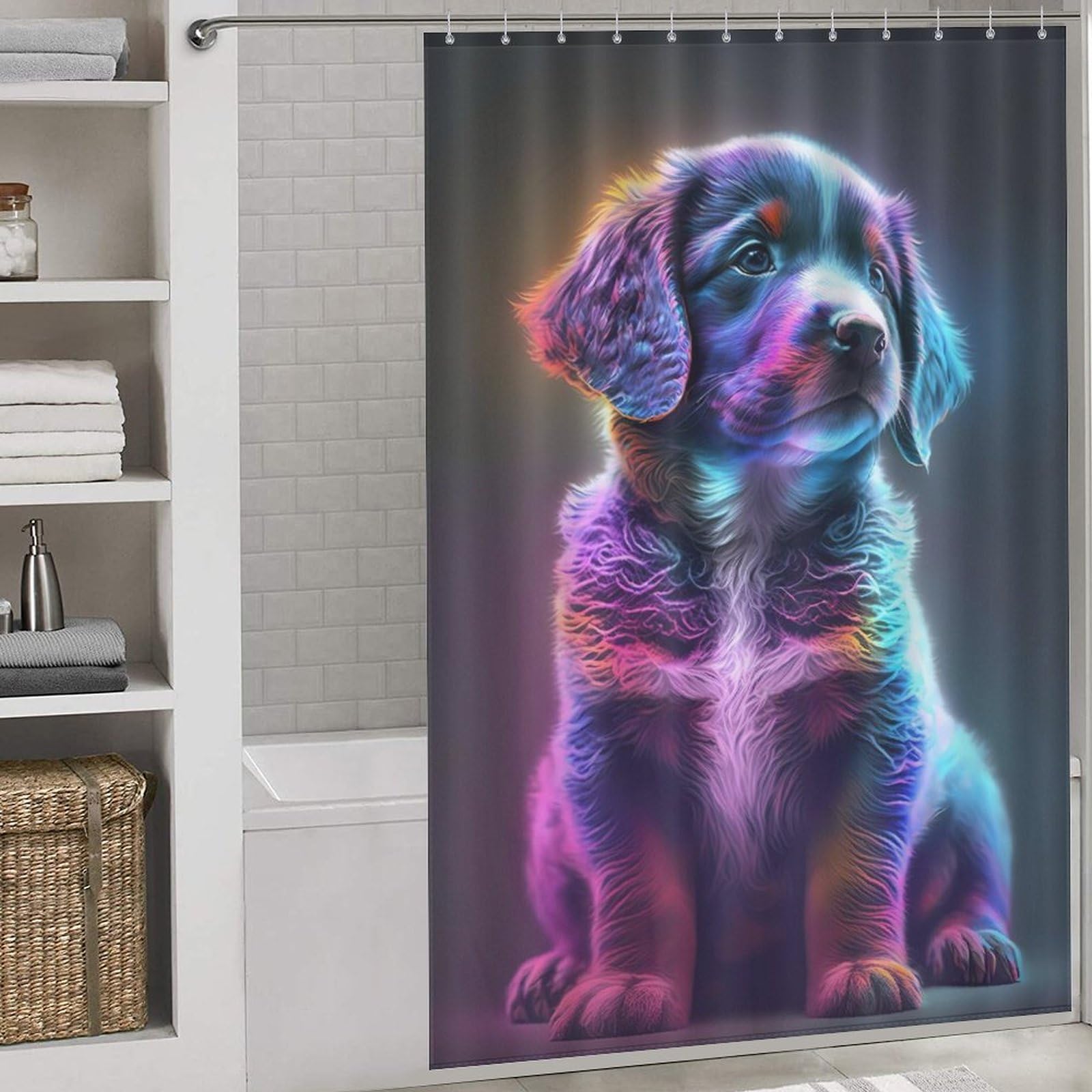Rideau de douche chien mignon anti-éclaboussures en tissu lavable pour baignoire