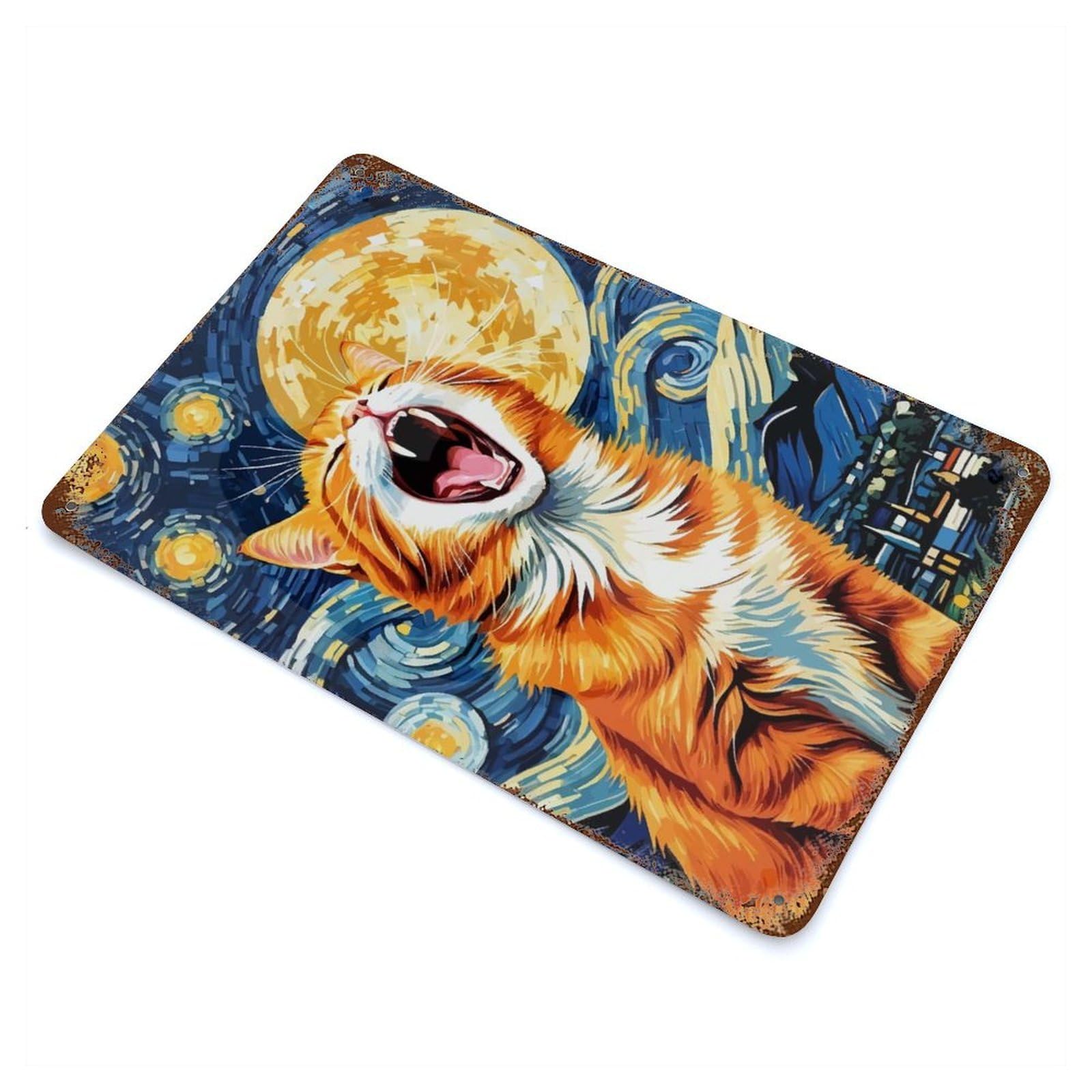 Orange Cat in Starry Night 11.8"x7.9" Rustic Tin Plaque, Novelty Wall Decor for Living Room, Hallway And Home Decor