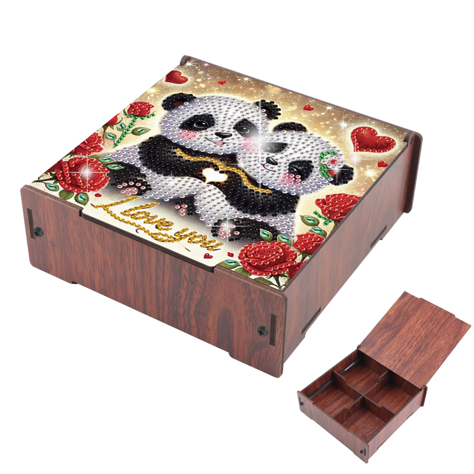 DIY Diamond Art Storage Box with Flip-Top Lid, Happy Panda Design Wooden Diamond Painting Organizer with 4 Divided Compartments, Portable Desktop Craft Storage Basket for Accessories and Supplies