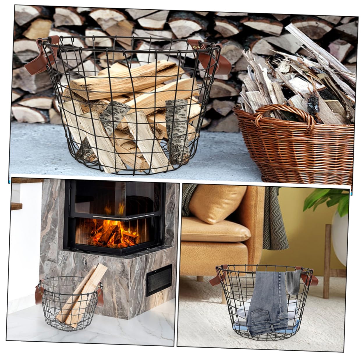 Happyyami Cesto Portalegna Rotondo in Ferro con Manico, Grande Capacità Rustico Stile Country per Barbecue All'aperto e Campeggio
