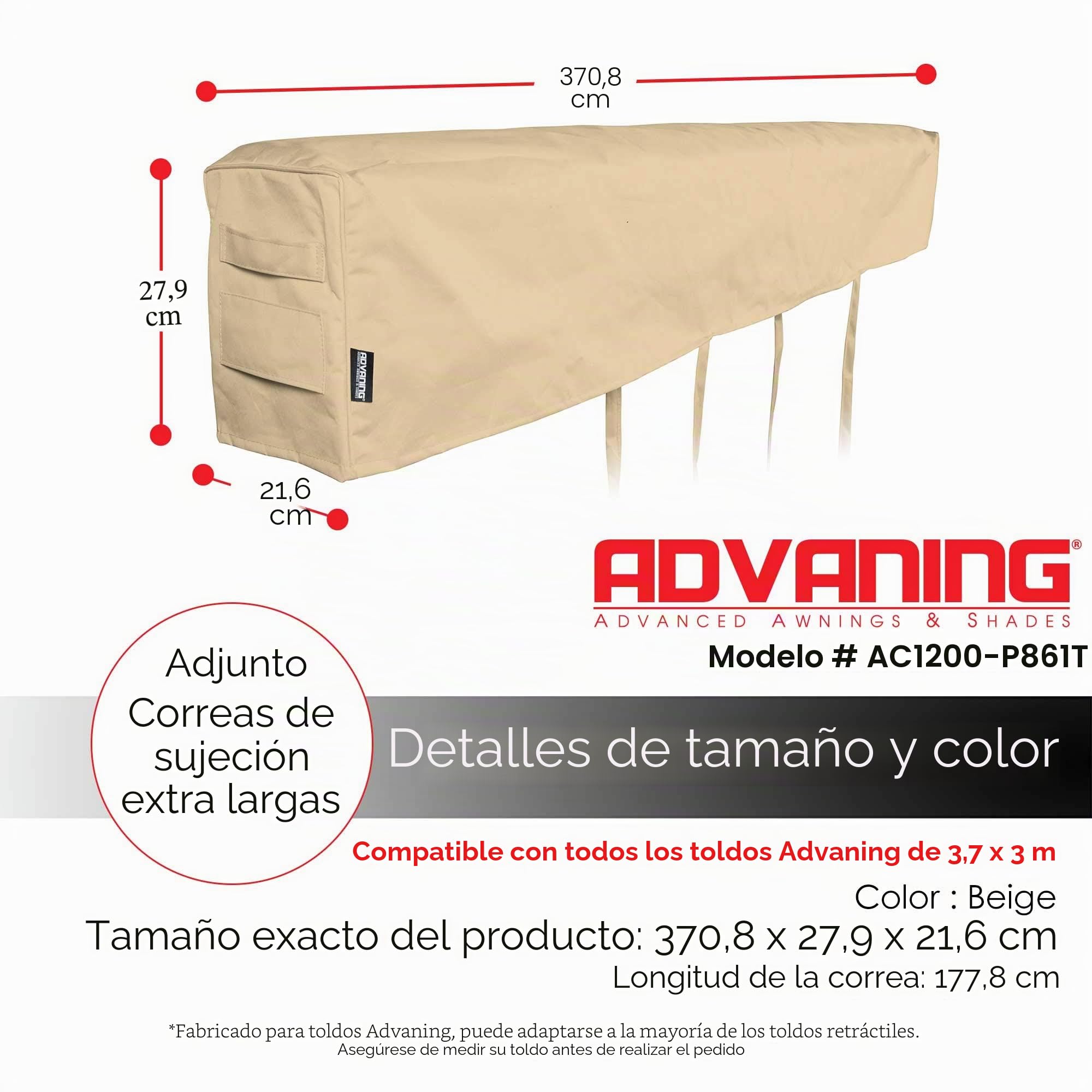 ADVANING AC1200-P861T - Funda protectora para toldos retráctiles de 12 pies de ancho, tela de poliéster resistente a la intemperie, color beige