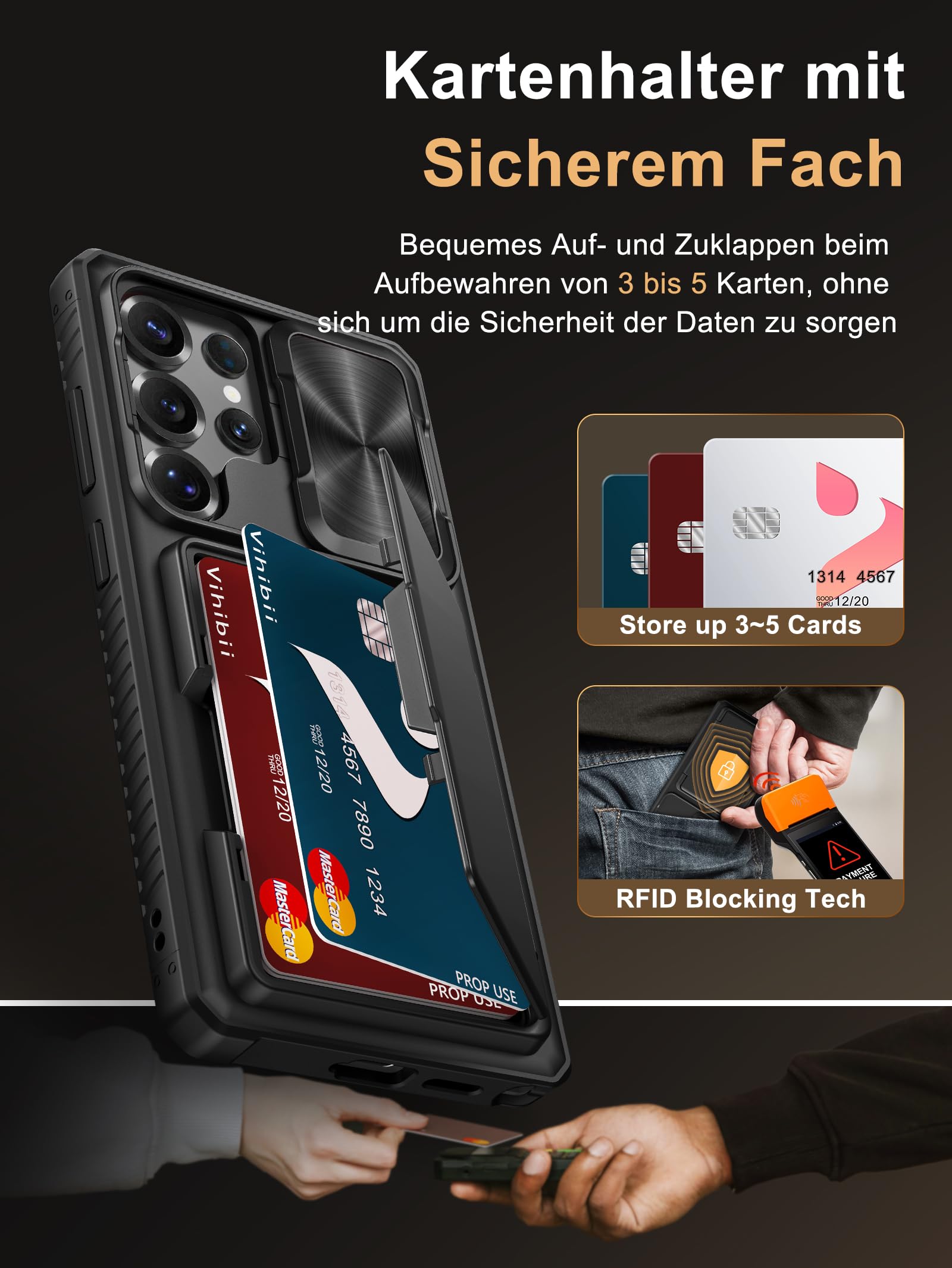 Vihibii für Samsung Galaxy S25 Ultra Hülle mit Kartenhalter (4 Karten) [RFID Blocker] & Kameraschutz Schieber, Militärschutz Stoßfeste Kratzfest Robuste Schutzhülle für Samsung S25 Ultra 6,9", Schwarz