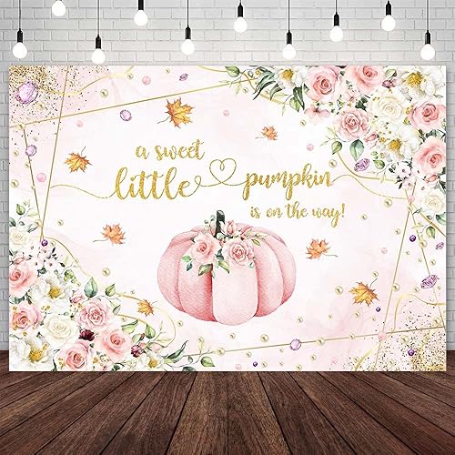 Telón de fondo de calabaza para baby shower de 7 x 5 pies para niñas, calabaza rosa floral, baby shower, fondo de fotografía de otoño con texto en