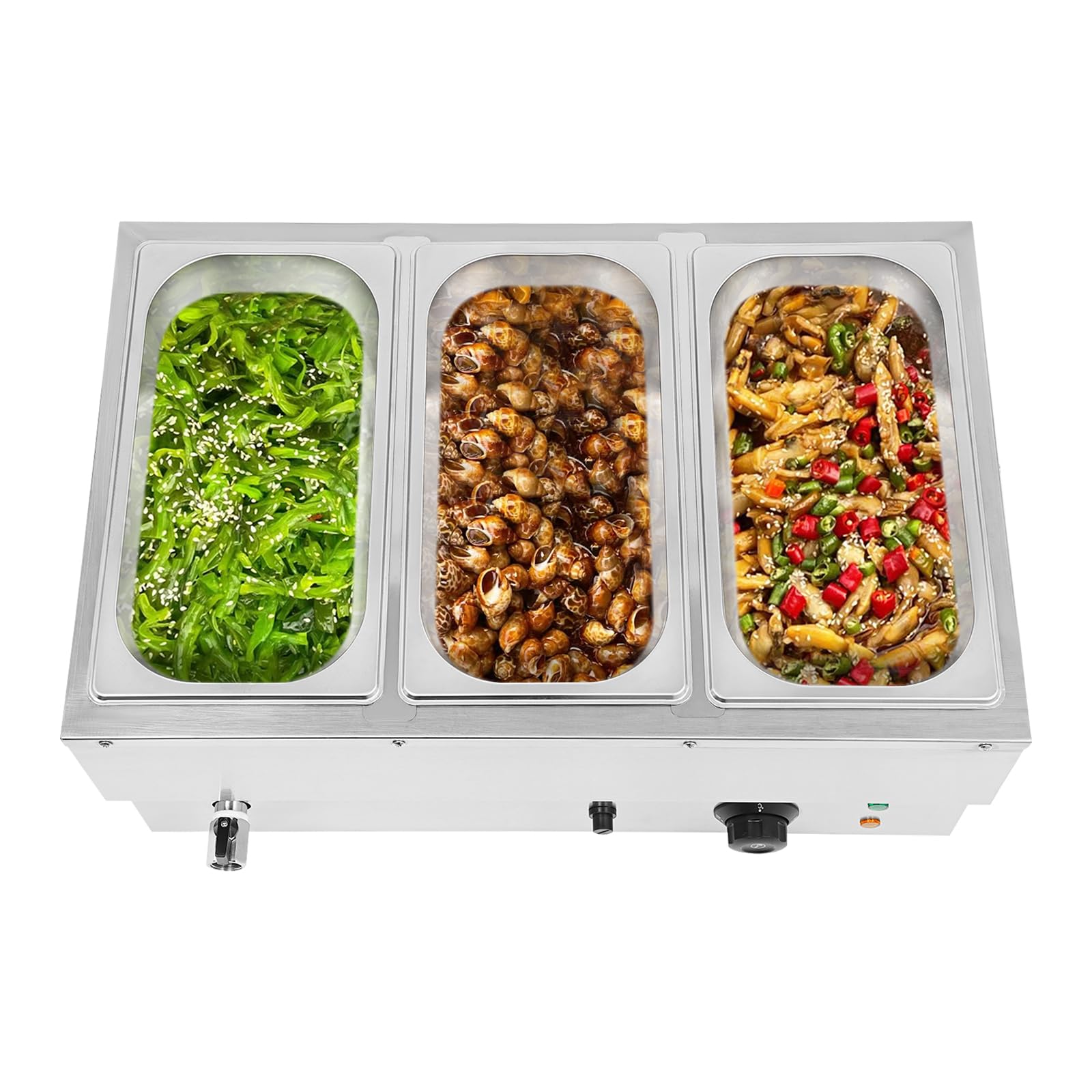 Scaldavivande elettrico con coperchio per buffet, 57 x 38 x 27 cm, scaldavivande elettrico commerciale, contenitore termico in acciaio inox con 3 padelle per alimenti, scaldavivande per catering