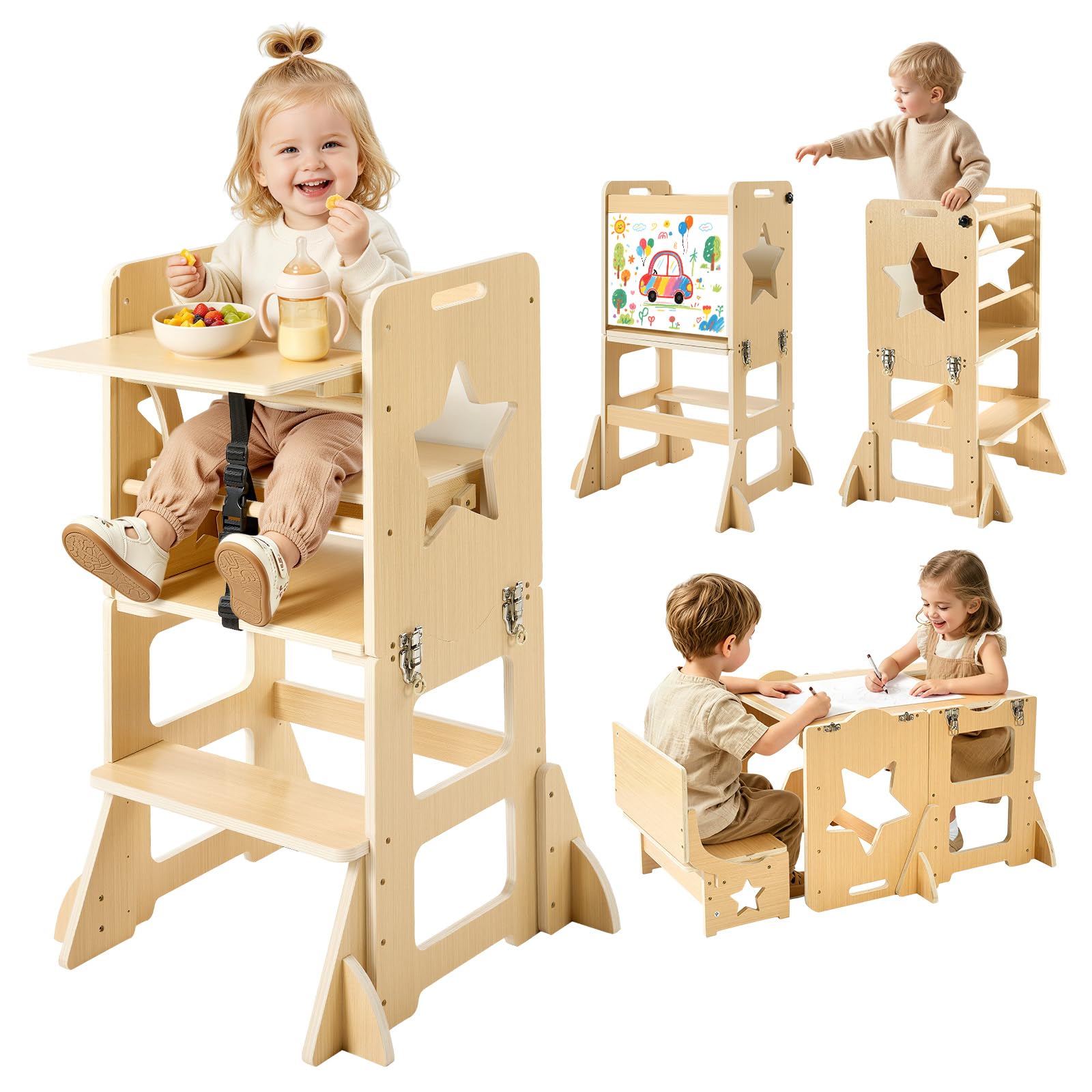 VEVOR Set Tavolo e Sedia Montessori Svezzamento, Seggiolone Multifunzioni | 6 in 1, con Lavagna e Vassoio per la Pappa, Materiale Legno, per Bagno e Bancone Cucina Apprendimento Bambini in Crescita