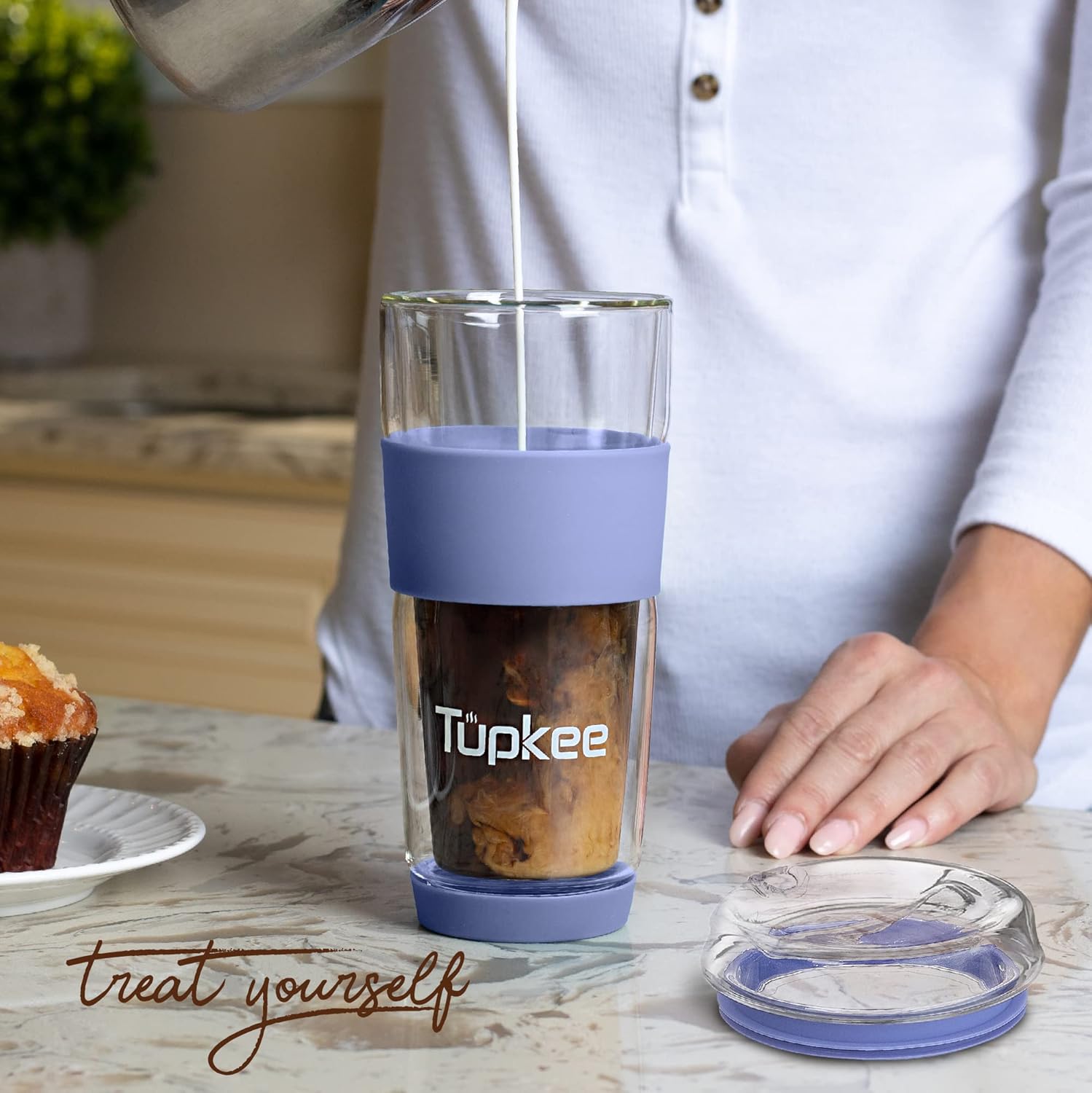 Tupkee Double Wall Glass Tumbler - 14-Ounce, All Glass Hand Blown Reusable Insulated Tea/Coffee Mug & Lid, Travel Mug - Jacaranda - Image 3