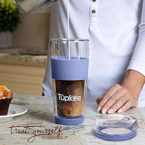 Miniatura 19 de Tupkee Vaso de vidrio de doble pared, 14 onzas, reutilizable, aislado, taza y tapa para té/café, taza de viaje de vidrio soplado a mano, color cian