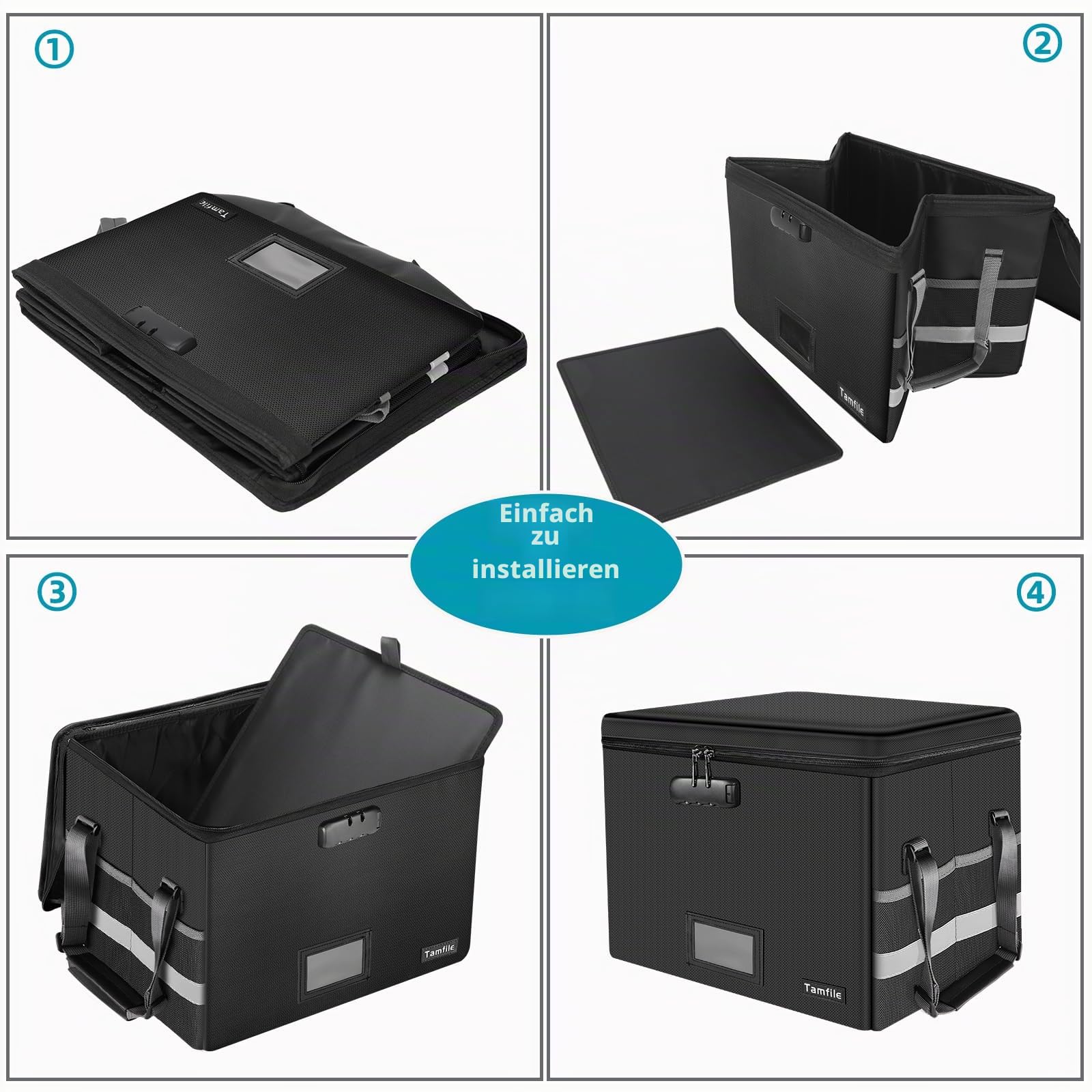 Tamfile Feuerfeste Dokumentenbox, Akten Organizer Box mit Schloss, Schwarz | Wasserfeste, Zusammenklappbare Dokumenten-Aufbewahrungsbox, Tragbare, Aktenbox zum Aufhängen, Für Briefen/Rechtsordnern, Büro