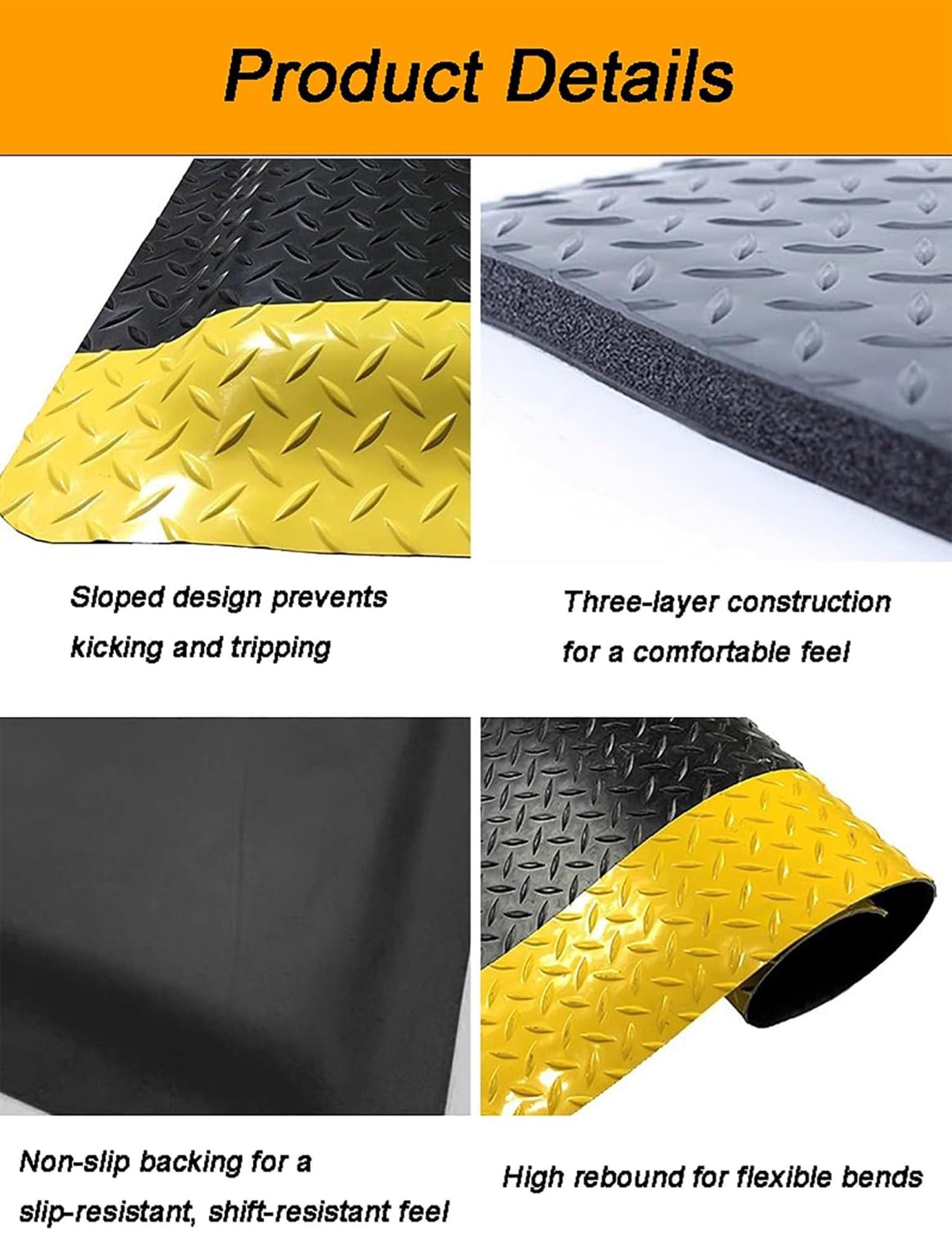 Alfombra antifatiga Industrial PVC 20mm Esterilla Suelo Antideslizante | Para talleres y almacenes con acolchado cómodo, diseño diamante y apoyo prolongado(Black-Yellow,70x60cm)