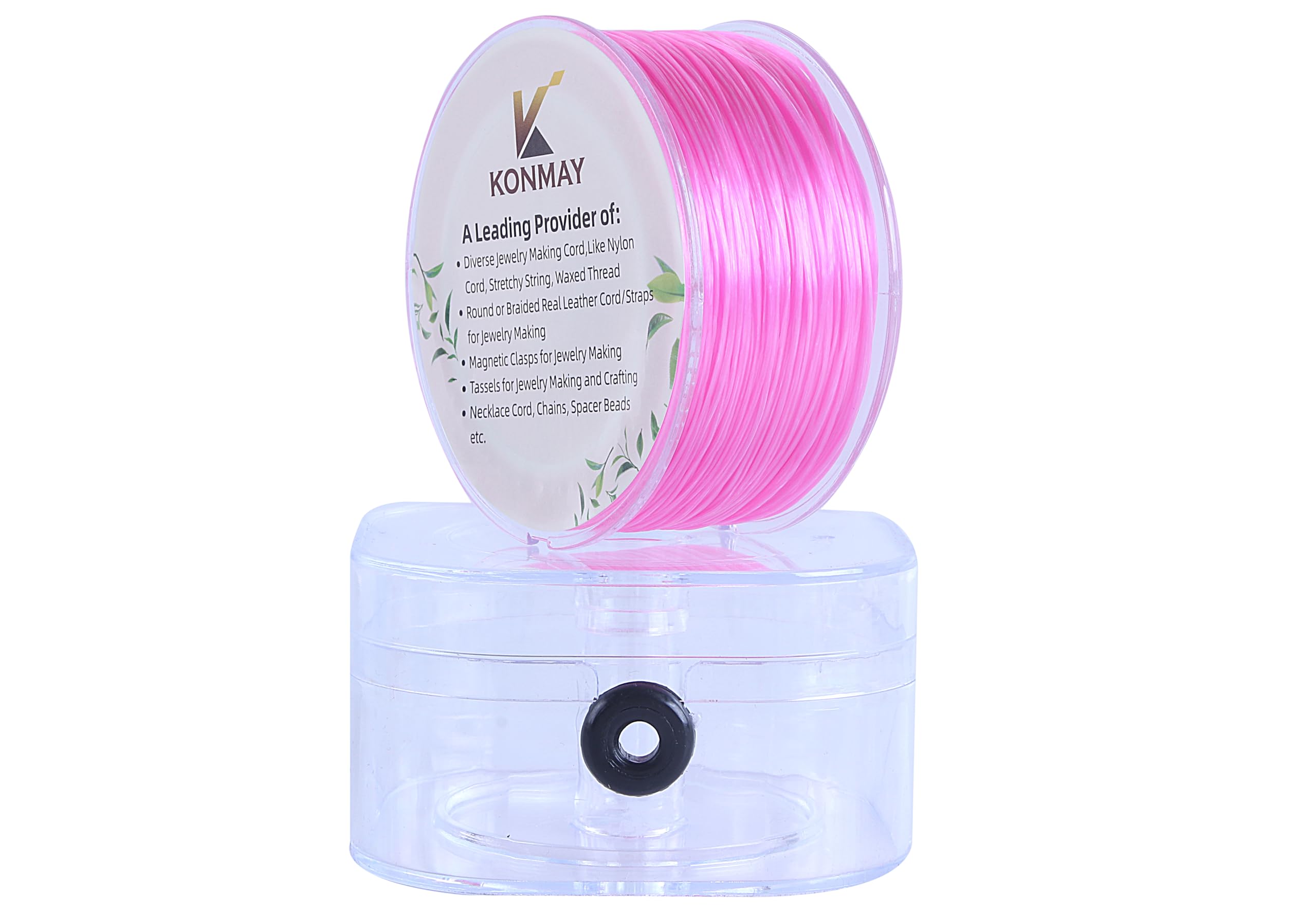 KONMAY 1 Rolls 0.8mm Flat Stretchy Bracelet Strings with Organizing Case, 90 Yards Pink Crystal Elastic Thread Cord for Jewelry Bracelets Making and Beading