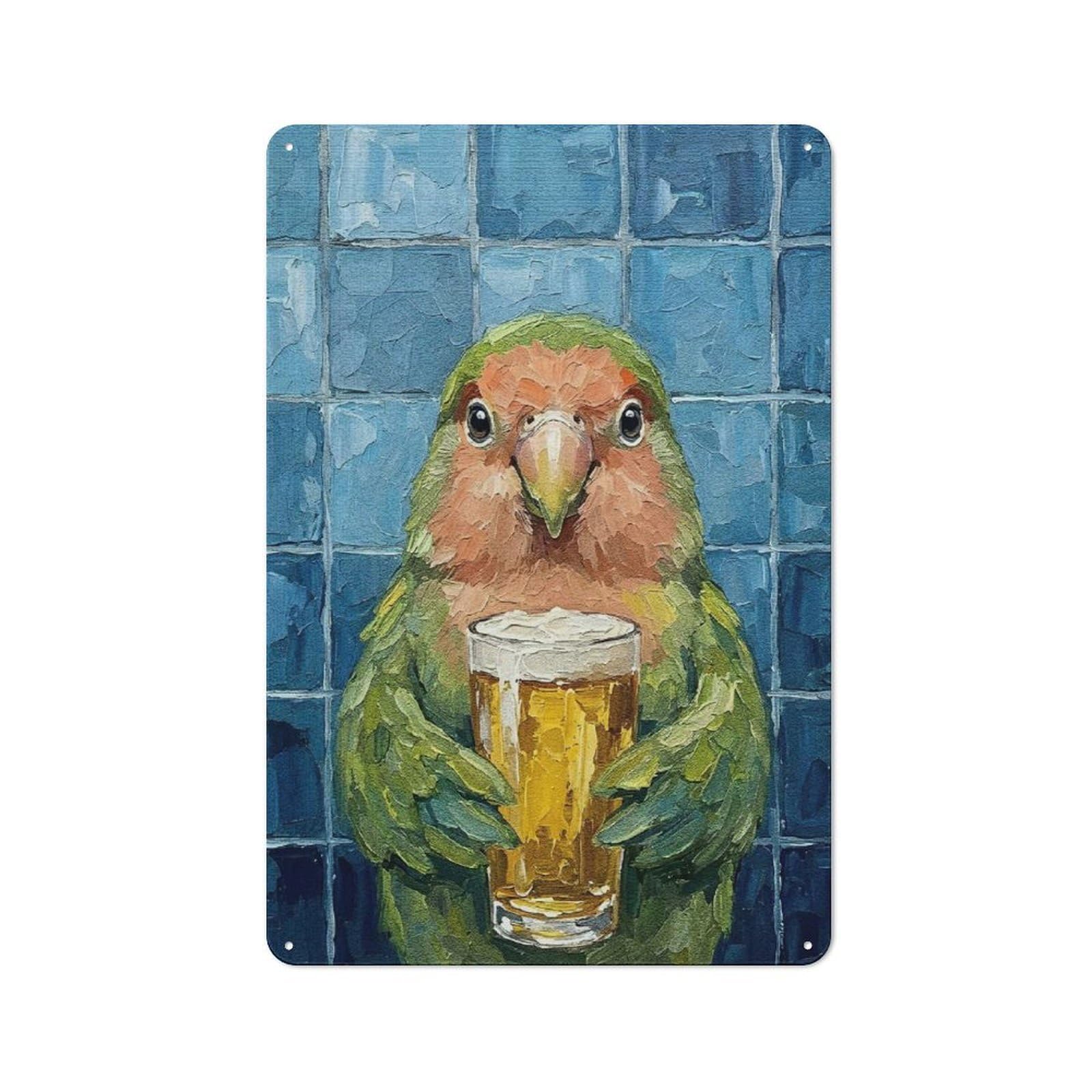 Garage Style Parrot with Beer Painting Decorative Metal Plaque 30x20cm, Garage Wall Decor for Workshop, Basement, Shed Or Games Room