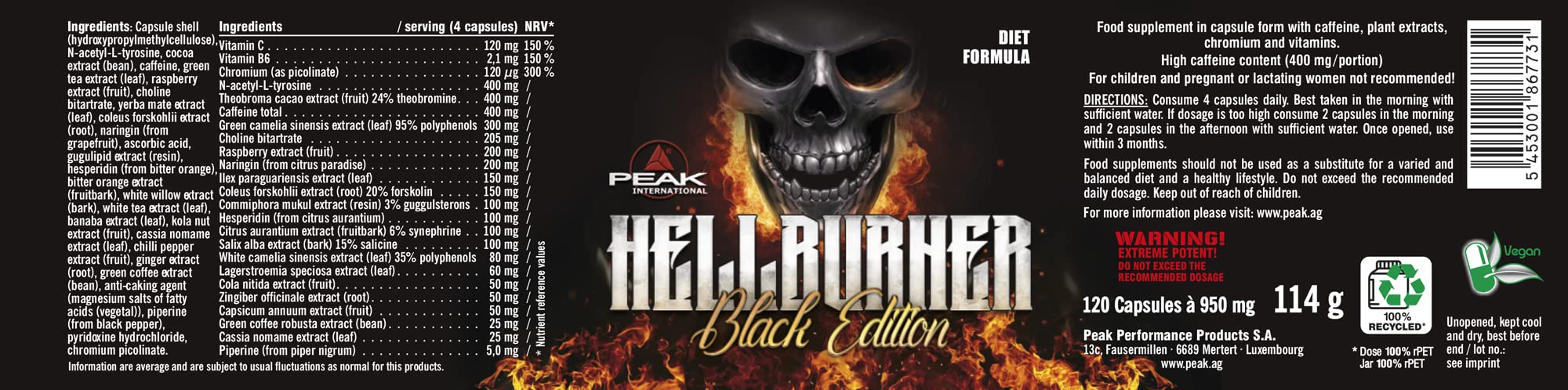 PEAK Hellburner Black Edition - 120 Kapseln I Fatburner I Diätunterstützer mit Koffein, Grüntee Extrakt zum Abnehmen I für einen normalen Fettstoffwechsel & Energiestoffwechsel I vegan