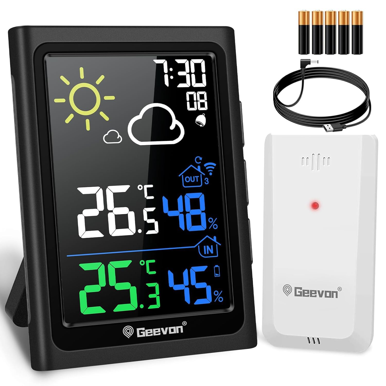 Geevon Stazione meteo radio con sensore esterno, stazione meteo interna ed esterna radio con previsioni meteo termometro digitale (246278 senza DCF con batterie)