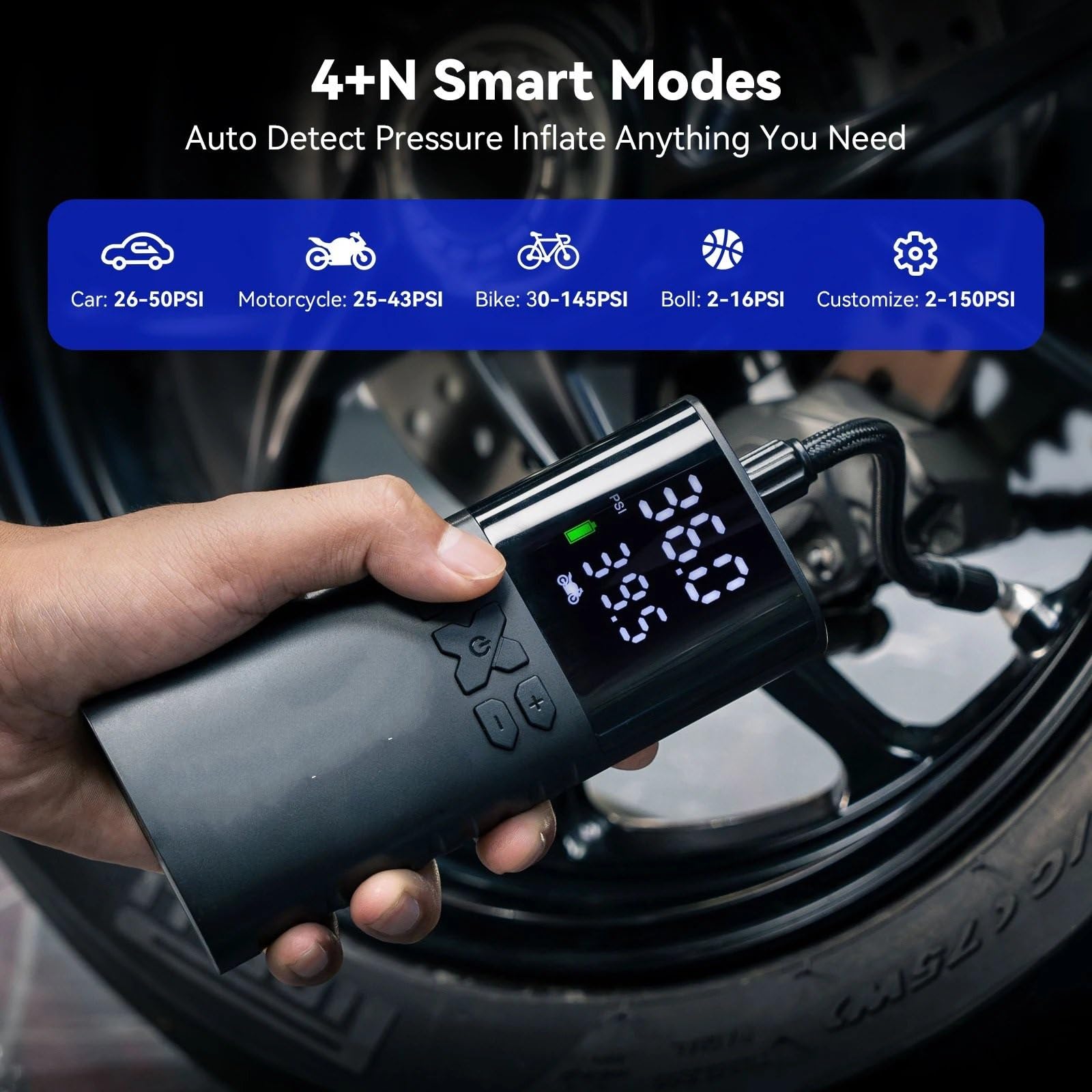Inflador Ruedas Coche Bomba de Aire de 4000mAh para Motocicletas, Inflador de neumáticos para Bicicleta y Barco con LED Digital y presión preestablecida Compresores de Aire portátiles