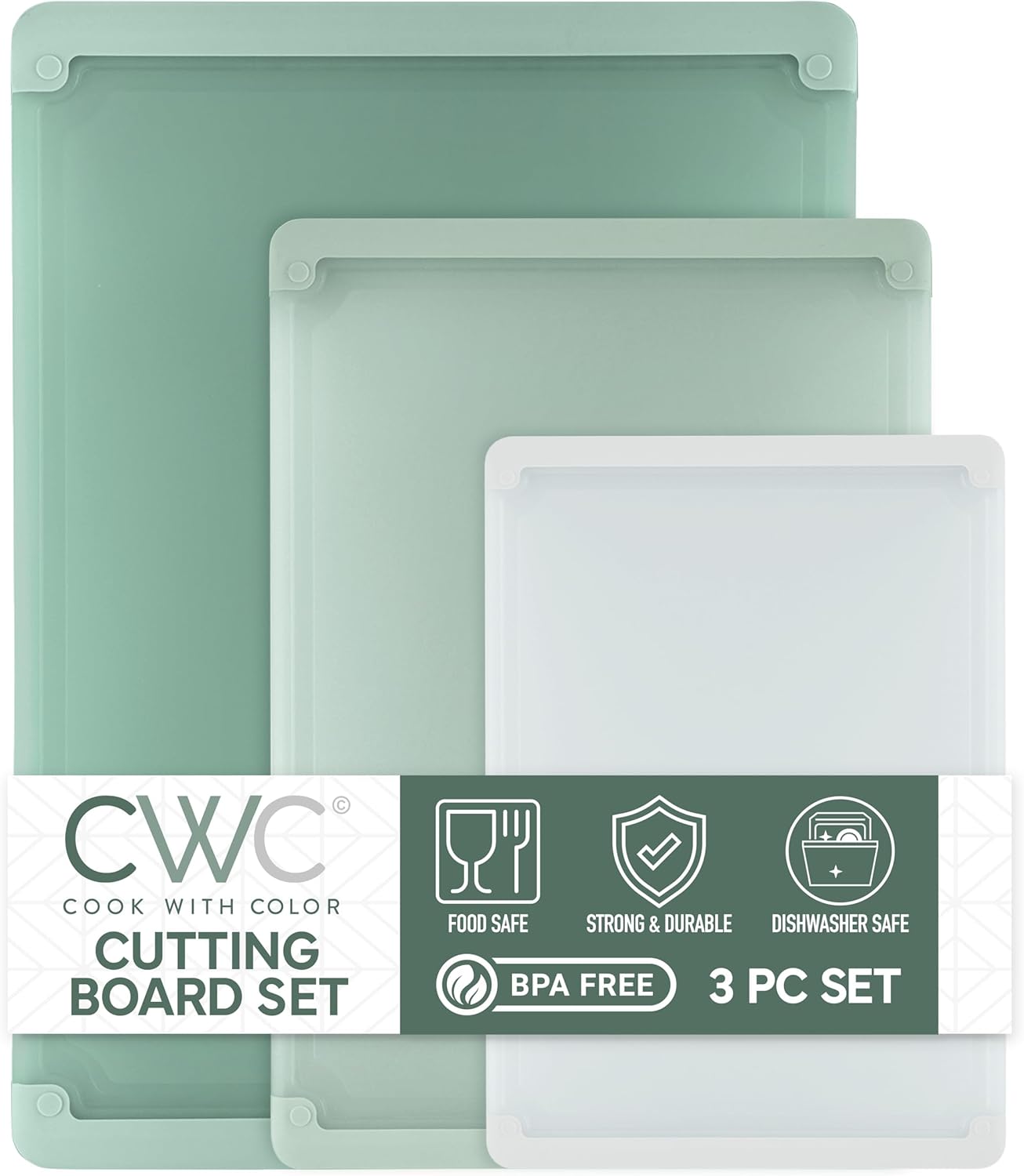 COOK WITH COLOR Extra Large Cutting Board Set, Jumbo-Sized Boards with Rubber Border for Enhanced Cooking Experience, 3-Piece, Sage Sage Solid