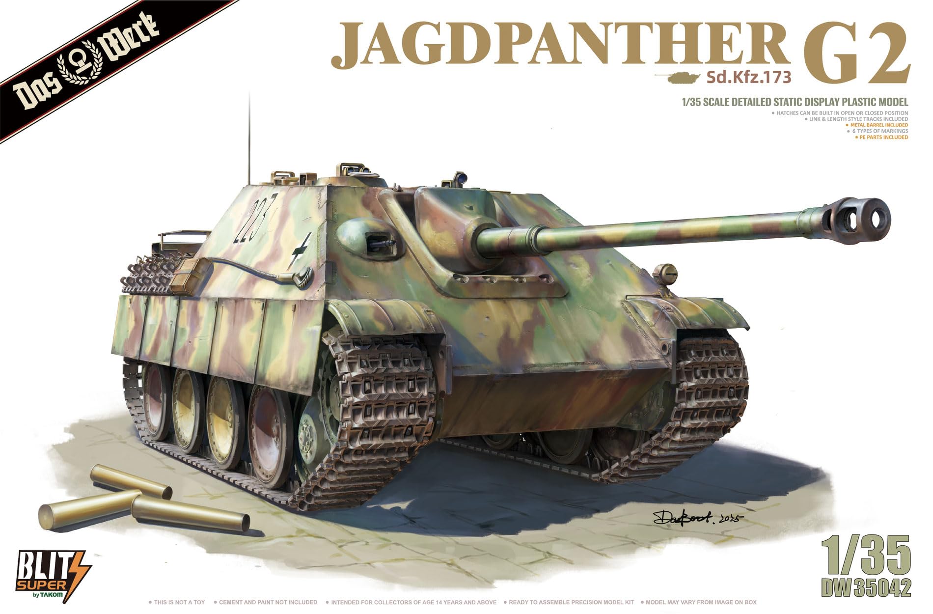 Amusing Hobby Das Werk DW35042 Jagdpanther G2 Sd.Kfz. 173 1:35 Plastikmodellbausatz - Takom Super Blitz, Metallrohr, Segmentketten, PE-Teile, 6 Markierungs­optionen