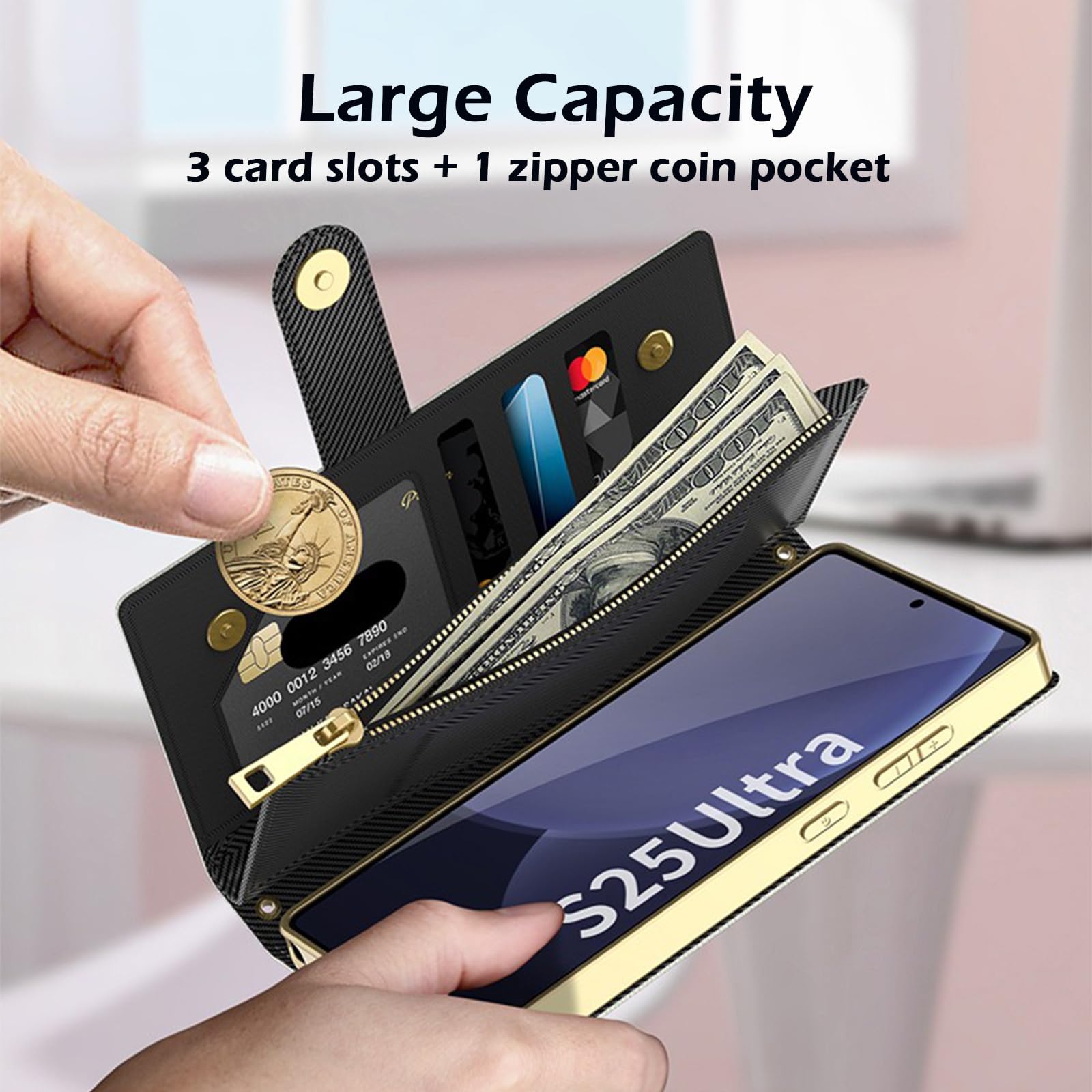 Etui na ramię do Samsung Galaxy S25 Ultra, zapięcie magnetyczne, 3 przegródki na karty, złota ramka, zamek błyskawiczny, torebka z paskiem na ramię, szary