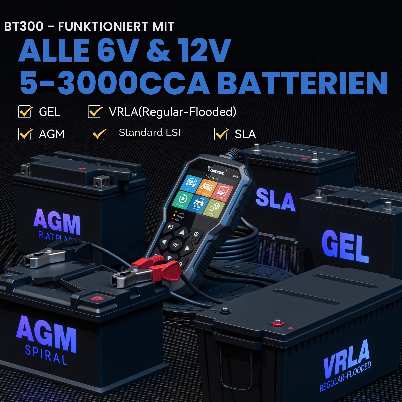 VDIAGTOOL BT300 Batterietester Kfz 6V-12V, 5-3000 CCA Batterie Tester Auto, Anlasser Lichtmaschine Batterie Messgerät, Batteriewächter Charging Kurbelsystem für Auto LKW Motorrad SUV ATV Boot