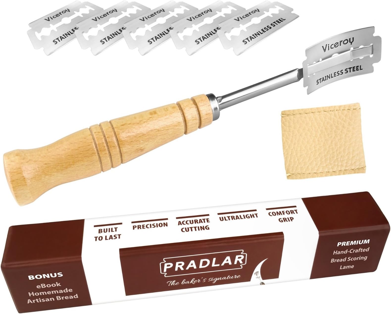 Bread Lame Set with 6 Blades and Leather Protective Cover and Artisan Bread Bakers eBook Included - Top Quality Hand Crafted Bread Scoring Tool - Grignette