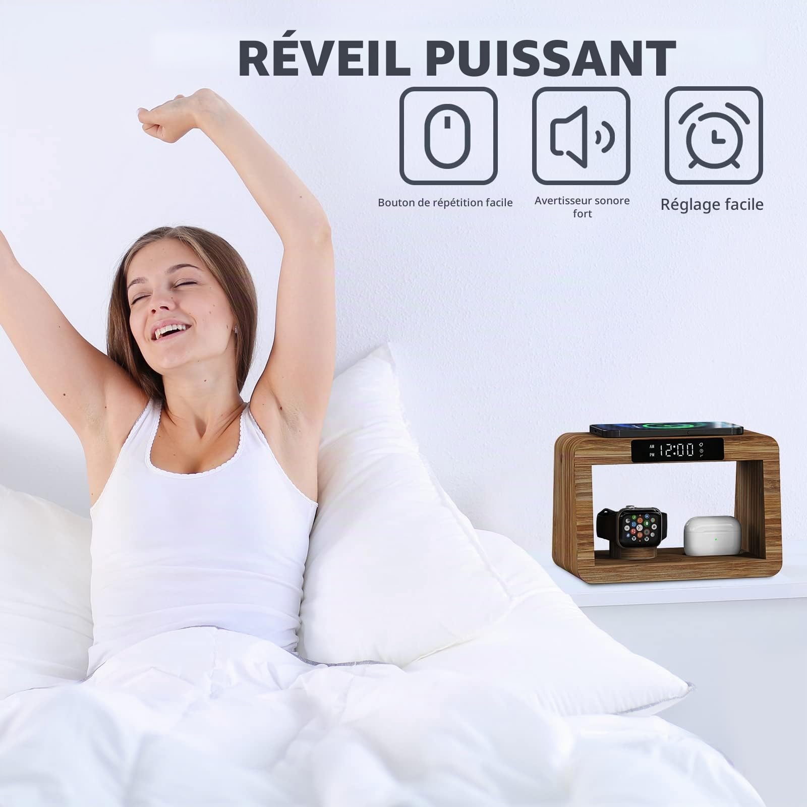 Station de Charge sans Fil 5 en 1, Chargeur Rapide sans Fil avec réveil numérique et veilleuse, Station de Charge en Bambou, Compatible avec iWatch/AirPods/Samsung Galaxy et Autres