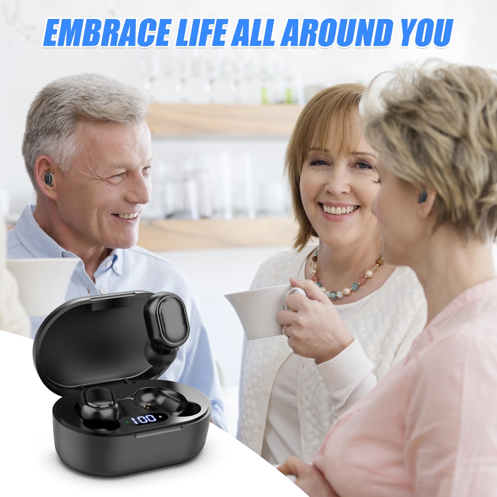 Audífonos Bluetooth para personas mayores recargables con cancelación de ruido y control de volumen, amplificador auditivo interno para adultos con pérdida auditiva, estuche de carga portátil 7