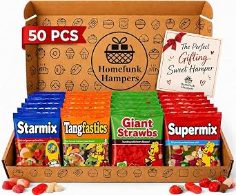 Mini Bags 50 Pack Sweets Gift Box Selection | Box Birthday Present Gift | 50 Mini Bag Gift Set   Includes Starmix, Supermix, Giant Strawbs & Tangfastics Homefunk Hampers