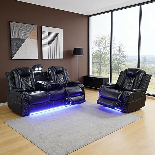 Miniatura 36 de Juego de sofá reclinable eléctrico para sala de estar, juego de sofá reclinable de cuero con luces LED, puertos USB, almacenamiento oculto, juego de