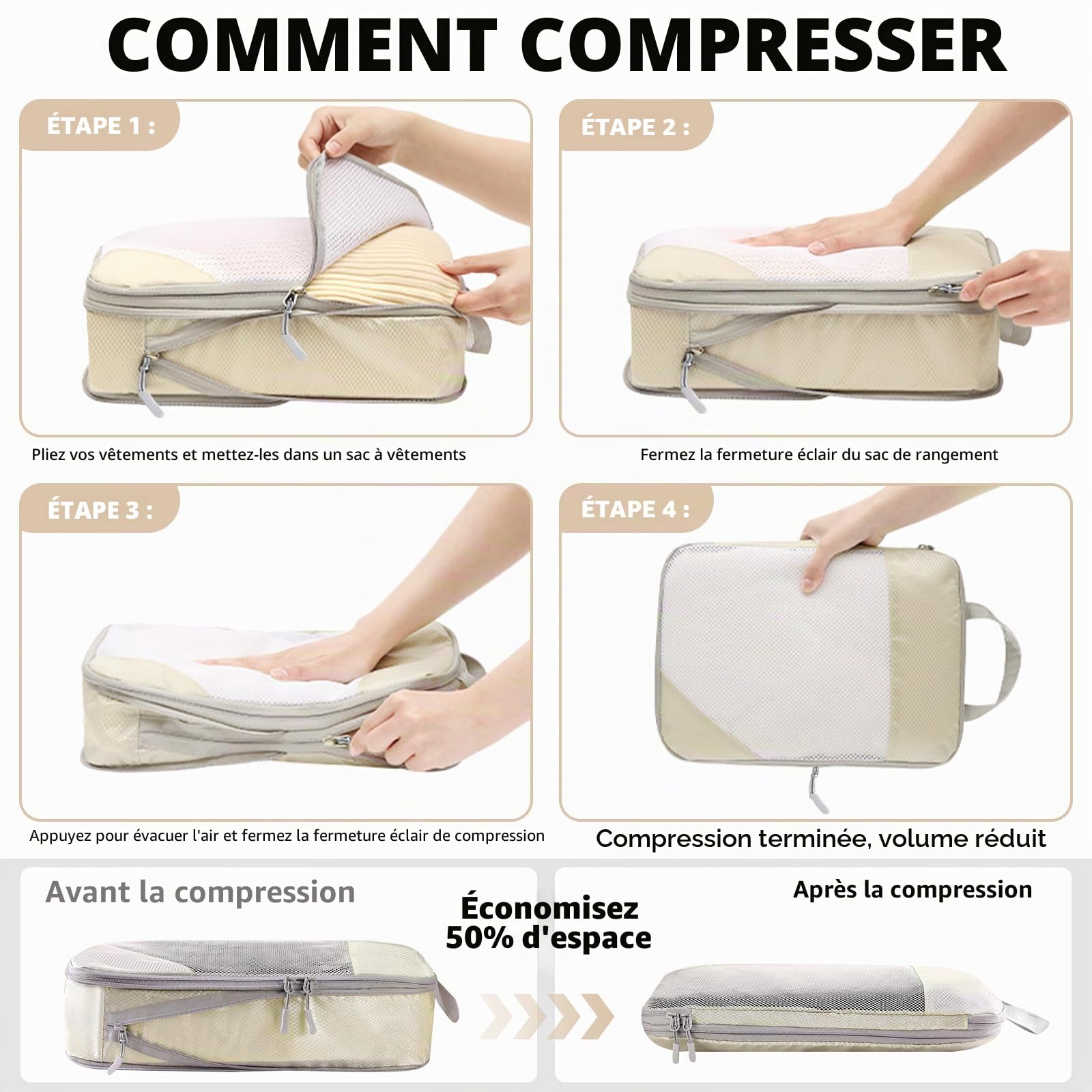 9 Pièces Organisateur de Voyage,Packing Cubes Compression,Organisateur Valise,per Vêtements, Chaussures et Cosmétiques,rangement valise organisateur.(Beige)