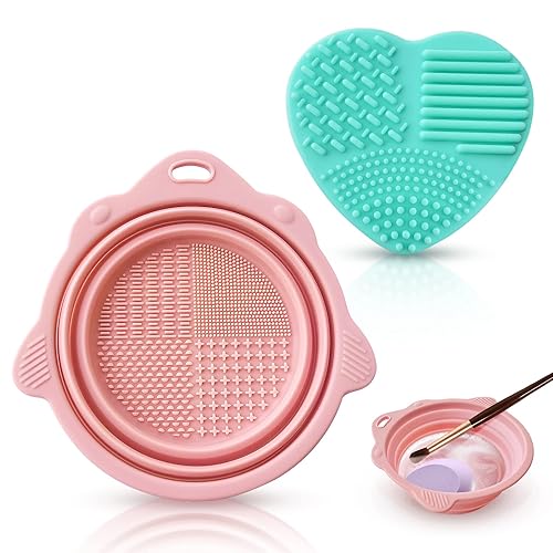 Juego de 2 cepillos de maquillaje, esponja más limpia y cuenco de limpieza plegable de silicona, alfombrilla limpiadora portátil de brochas de