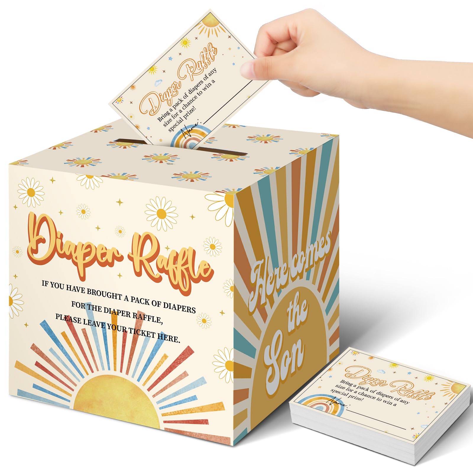 Teling 51 Pieces Diaper Raffle Tickets with Card Box Baby Shower Decorations Baby Shower Holder Box for Girl Boy Diaper Raffle Party(Here Comes the Son)