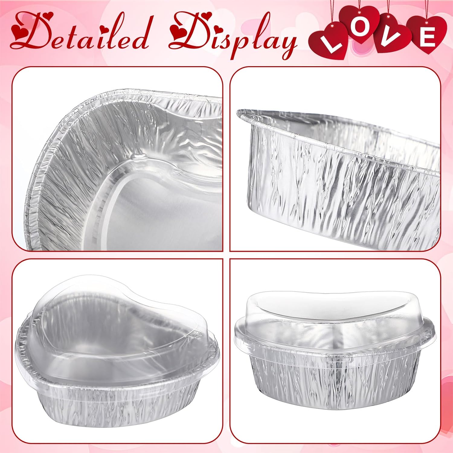 Hushee 36 Pcs 12 oz Valentine's Day Heart Shaped Cake Pan with Lid 5.5 Inch Aluminum Foil Disposable Cupcake Baking Pan Heart Food Packing Muffin Tin Liner Pudding Cooking Cup for Mother's Day