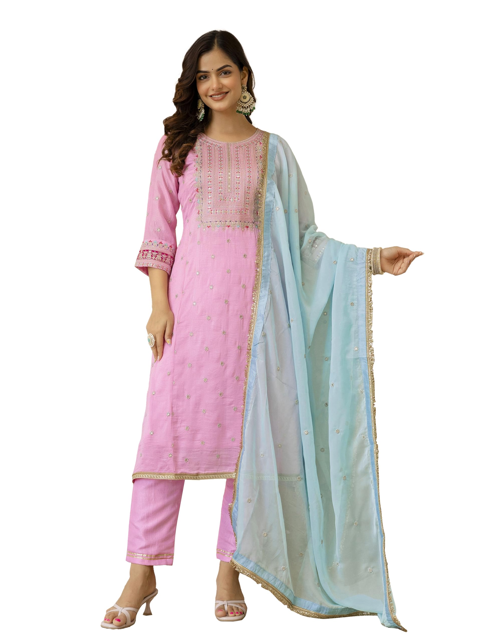 trendmalls Women's Art Silk Embroidery work A line Kurta Pant Set with Dupatta Kurta Set for Women-picture-38