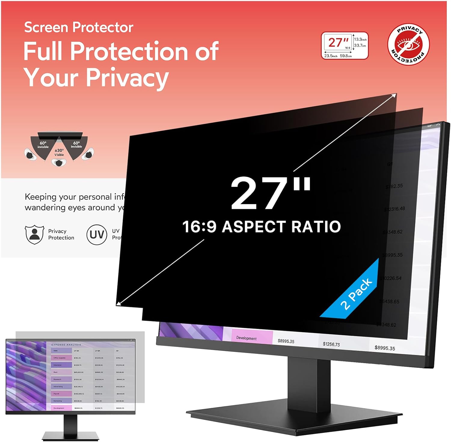 MOBDIK [2 Pack] 27 Inch Removable Computer Privacy Screen